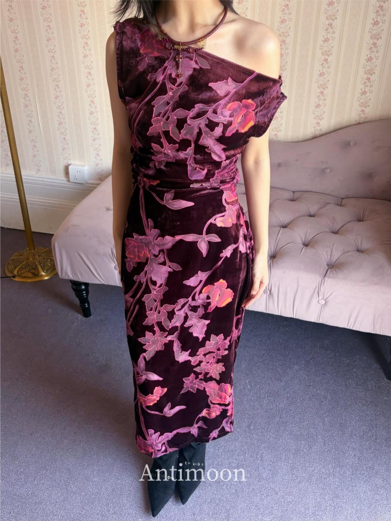 ANTIMOON Plum Red One Shoulder Cheongsam Print Vintage Women's Velvet Slip Maxi Dresses