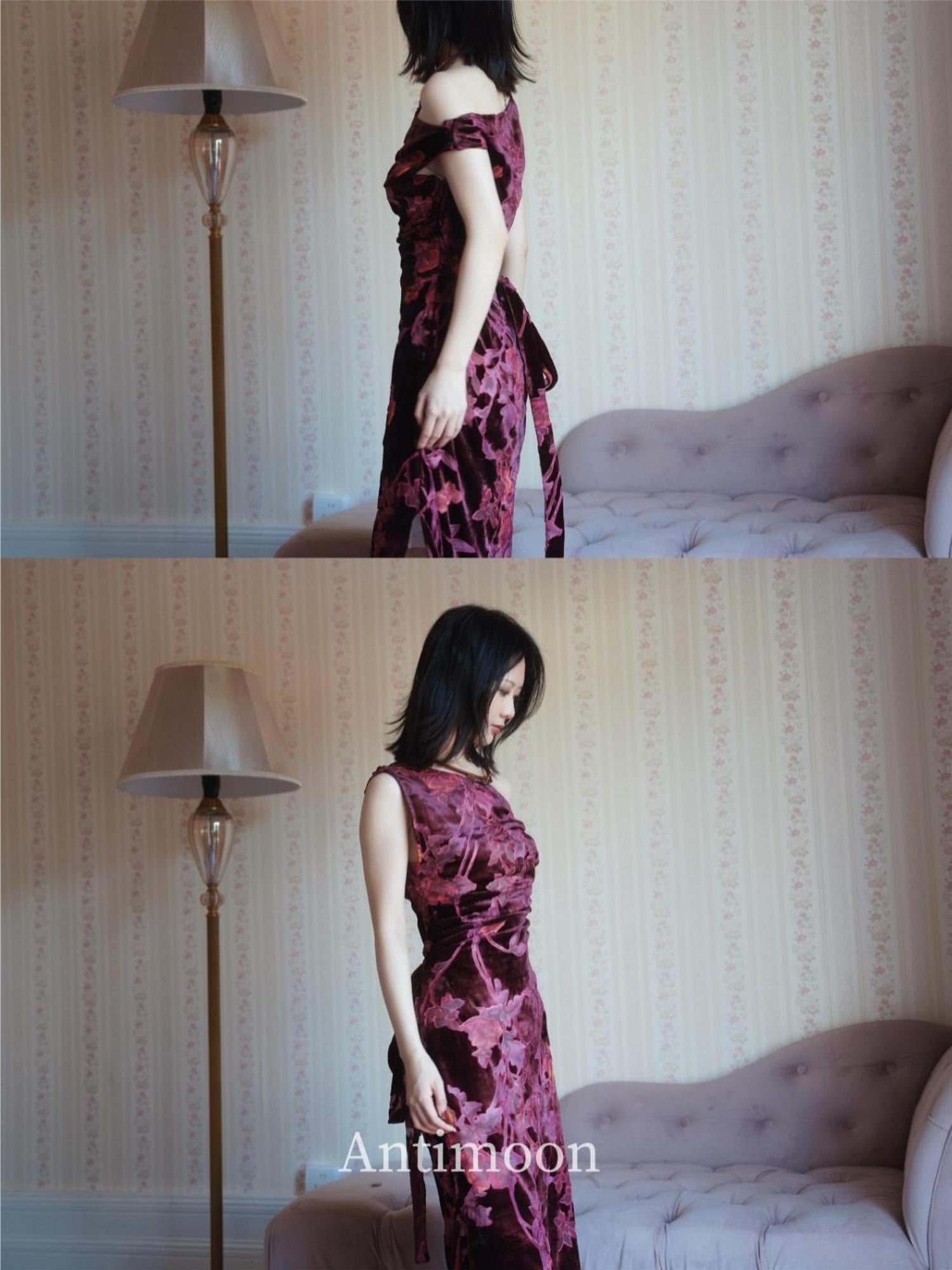 ANTIMOON Plum Red One Shoulder Cheongsam Print Vintage Women's Velvet Slip Maxi Dresses