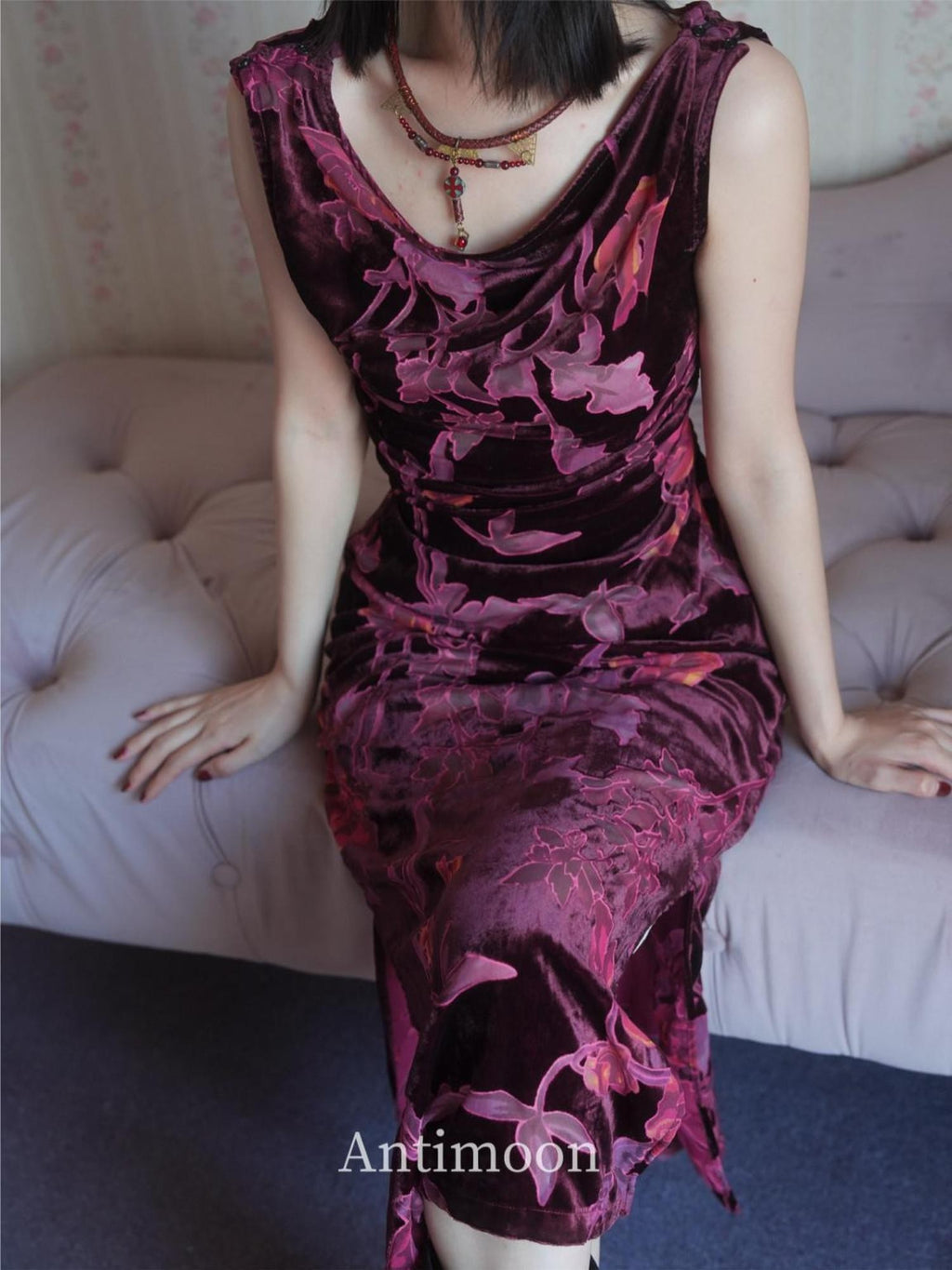 ANTIMOON Plum Red One Shoulder Cheongsam Print Vintage Women's Velvet Slip Maxi Dresses