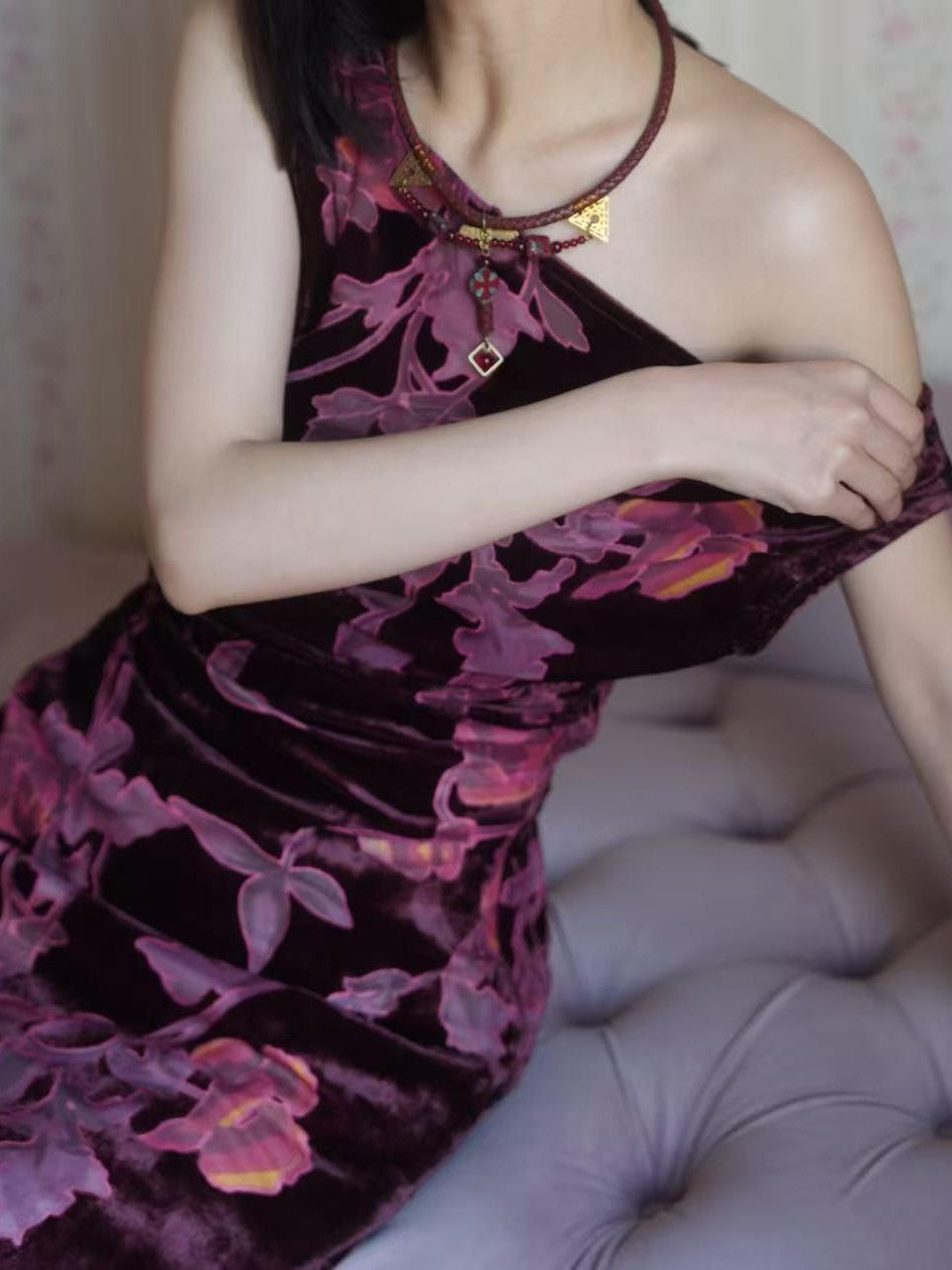 ANTIMOON Plum Red One Shoulder Cheongsam Print Vintage Women's Velvet Slip Maxi Dresses