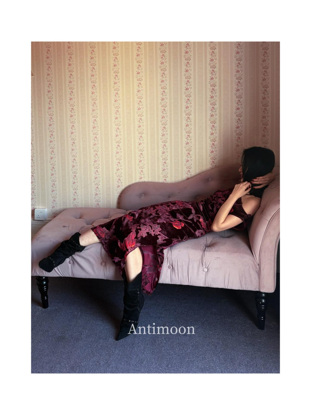 ANTIMOON Plum Red One Shoulder Cheongsam Print Vintage Women's Velvet Slip Maxi Dresses