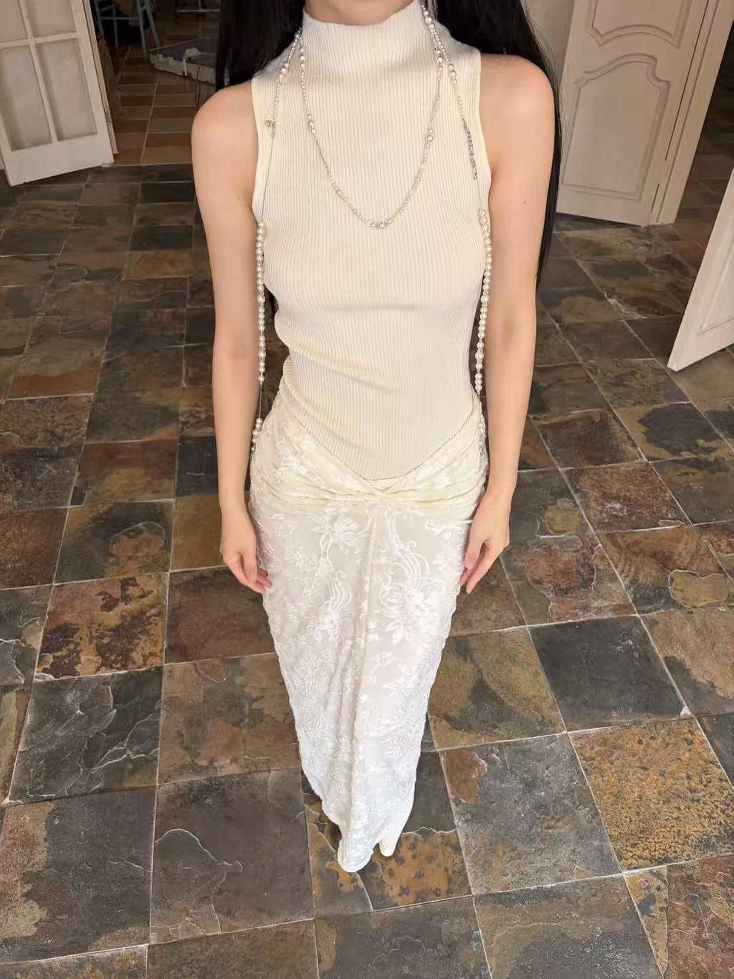 ANTIMOON Pure White Burnout Draped Gathered Pleats Women's Polyester Maxi Skirts