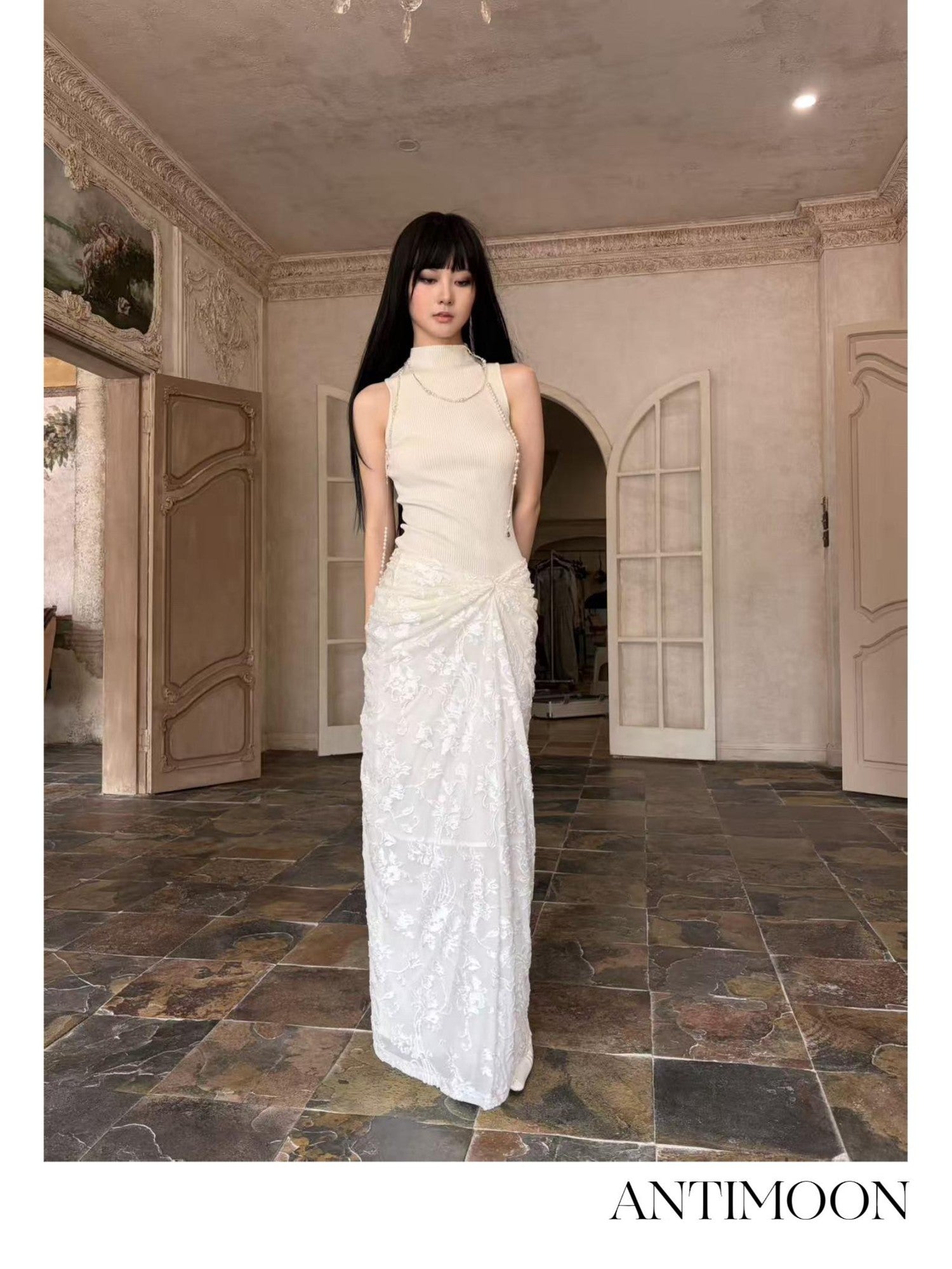 ANTIMOON Pure White Burnout Draped Gathered Pleats Women's Polyester Maxi Skirts