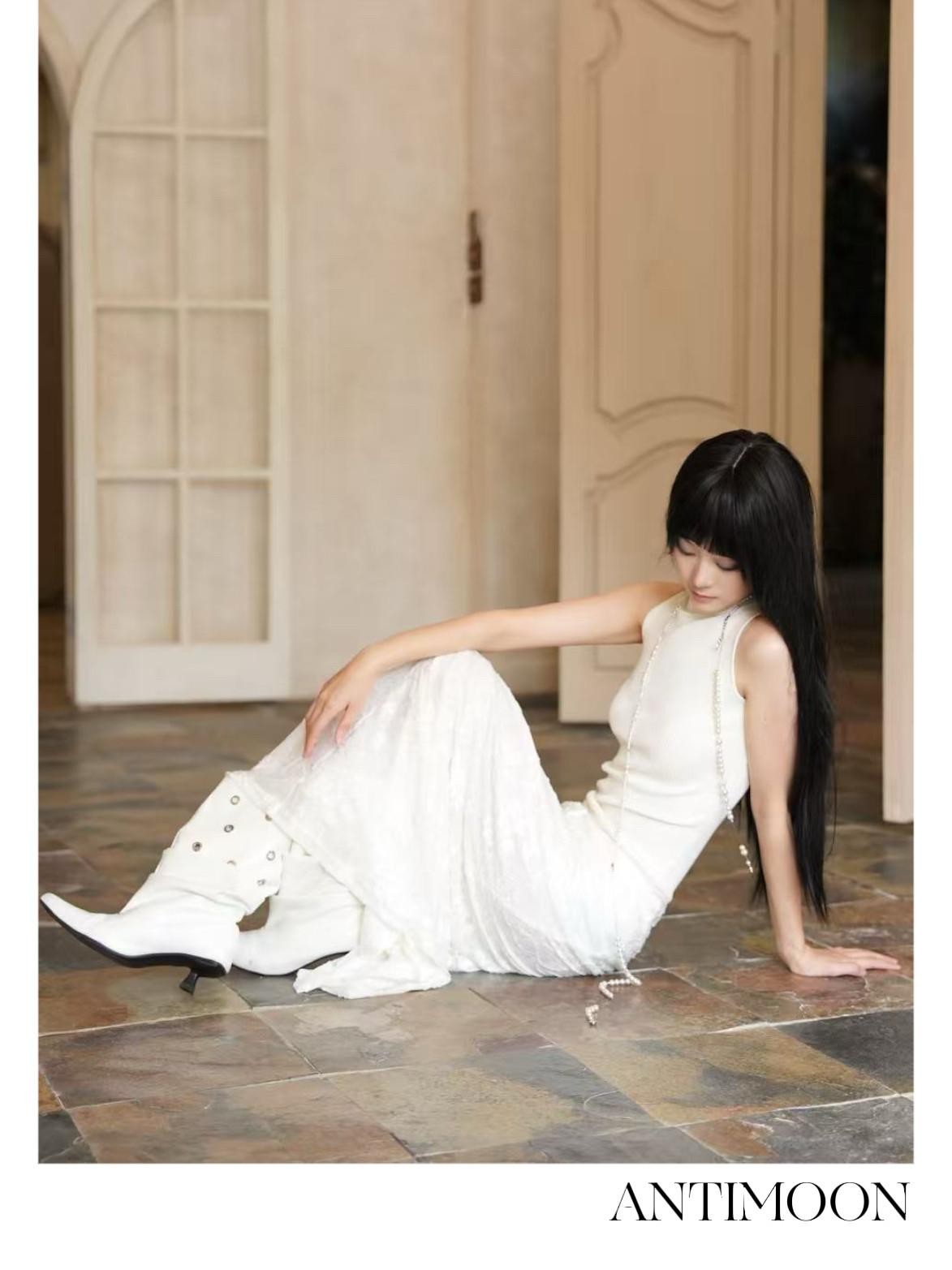 ANTIMOON Pure White Burnout Draped Gathered Pleats Women's Polyester Maxi Skirts