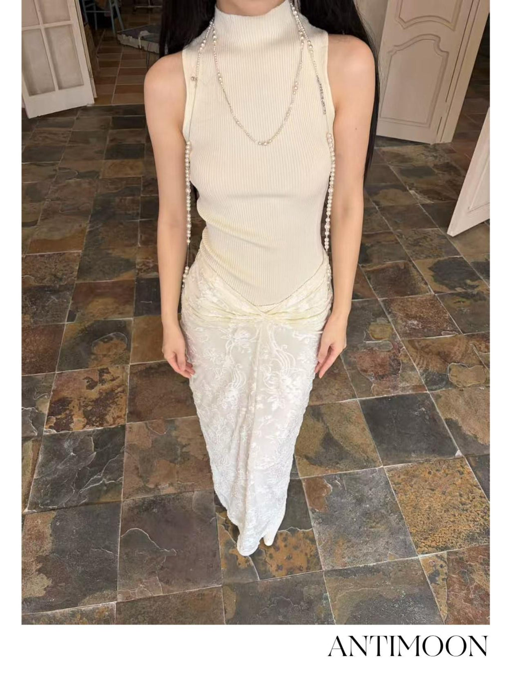 ANTIMOON Pure White Burnout Draped Gathered Pleats Women's Polyester Maxi Skirts
