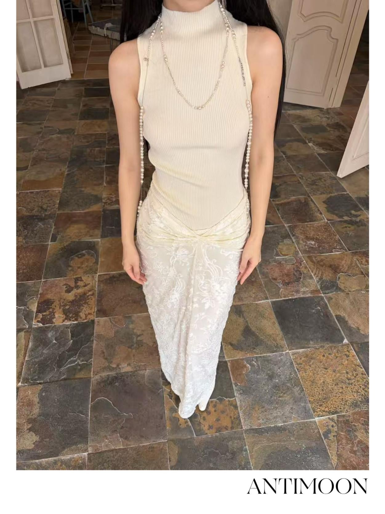 ANTIMOON Pure White Burnout Draped Gathered Pleats Women's Polyester Maxi Skirts