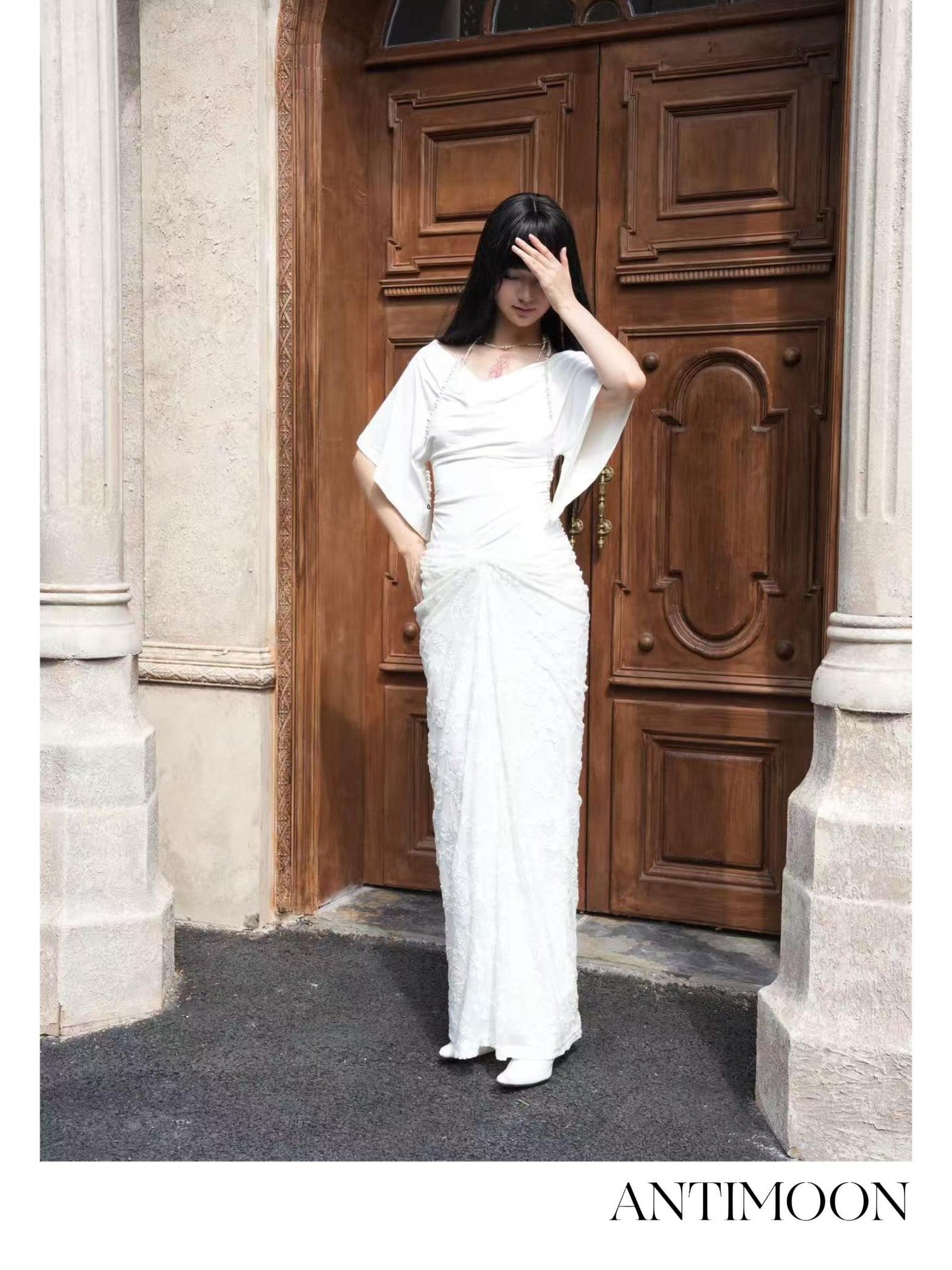 ANTIMOON Pure White Burnout Draped Gathered Pleats Women's Polyester Maxi Skirts