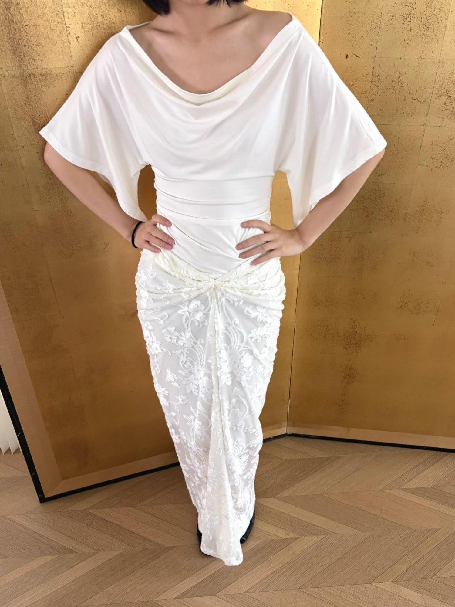 ANTIMOON Pure White Burnout Draped Gathered Pleats Women's Polyester Maxi Skirts