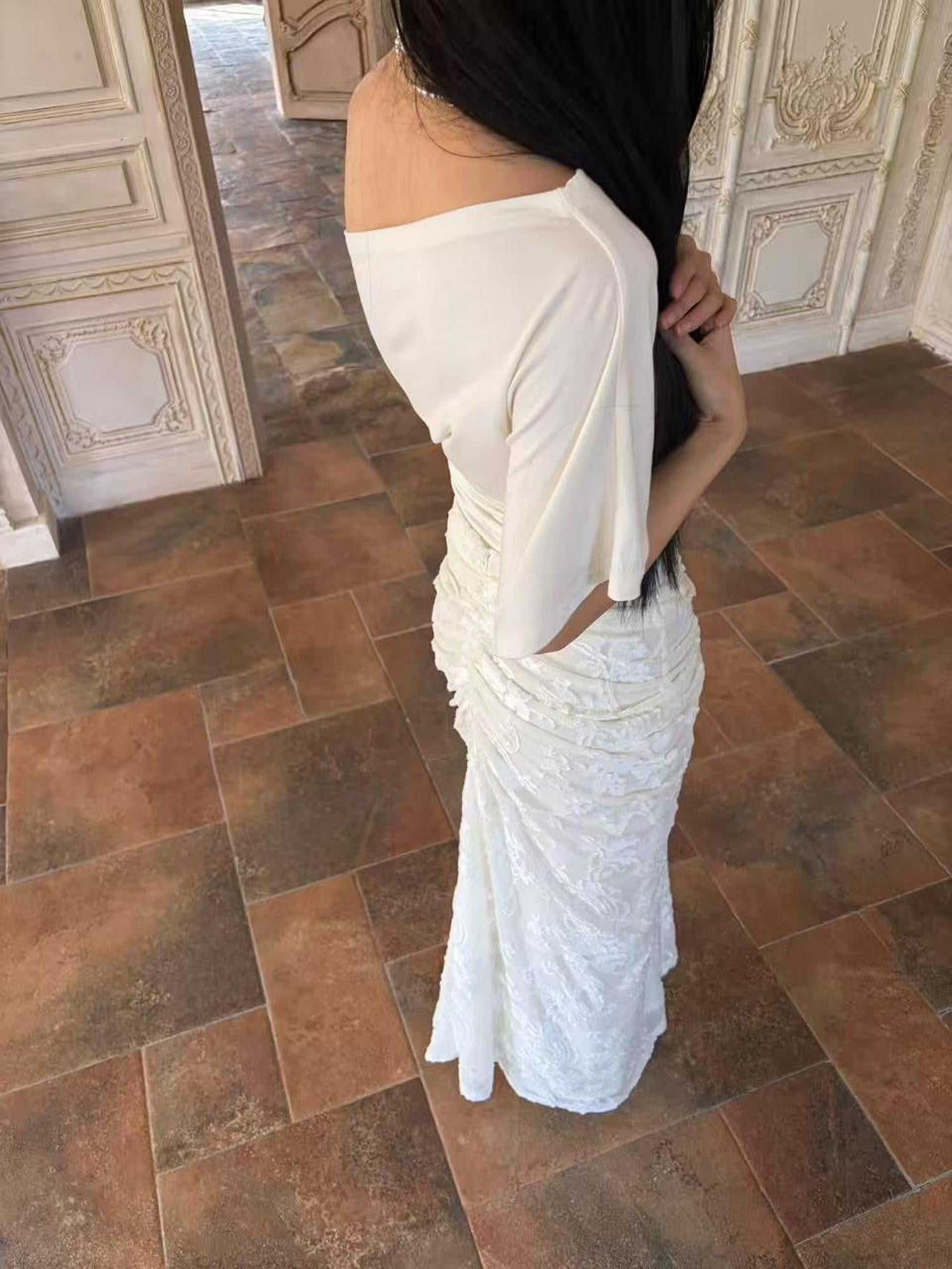 ANTIMOON Pure White Burnout Draped Gathered Pleats Women's Polyester Maxi Skirts
