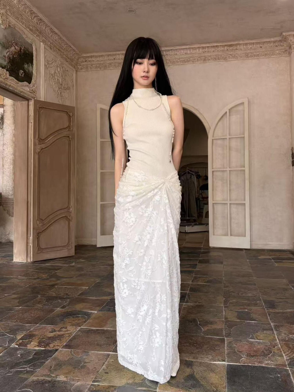 ANTIMOON Pure White Burnout Draped Gathered Pleats Women's Polyester Maxi Skirts