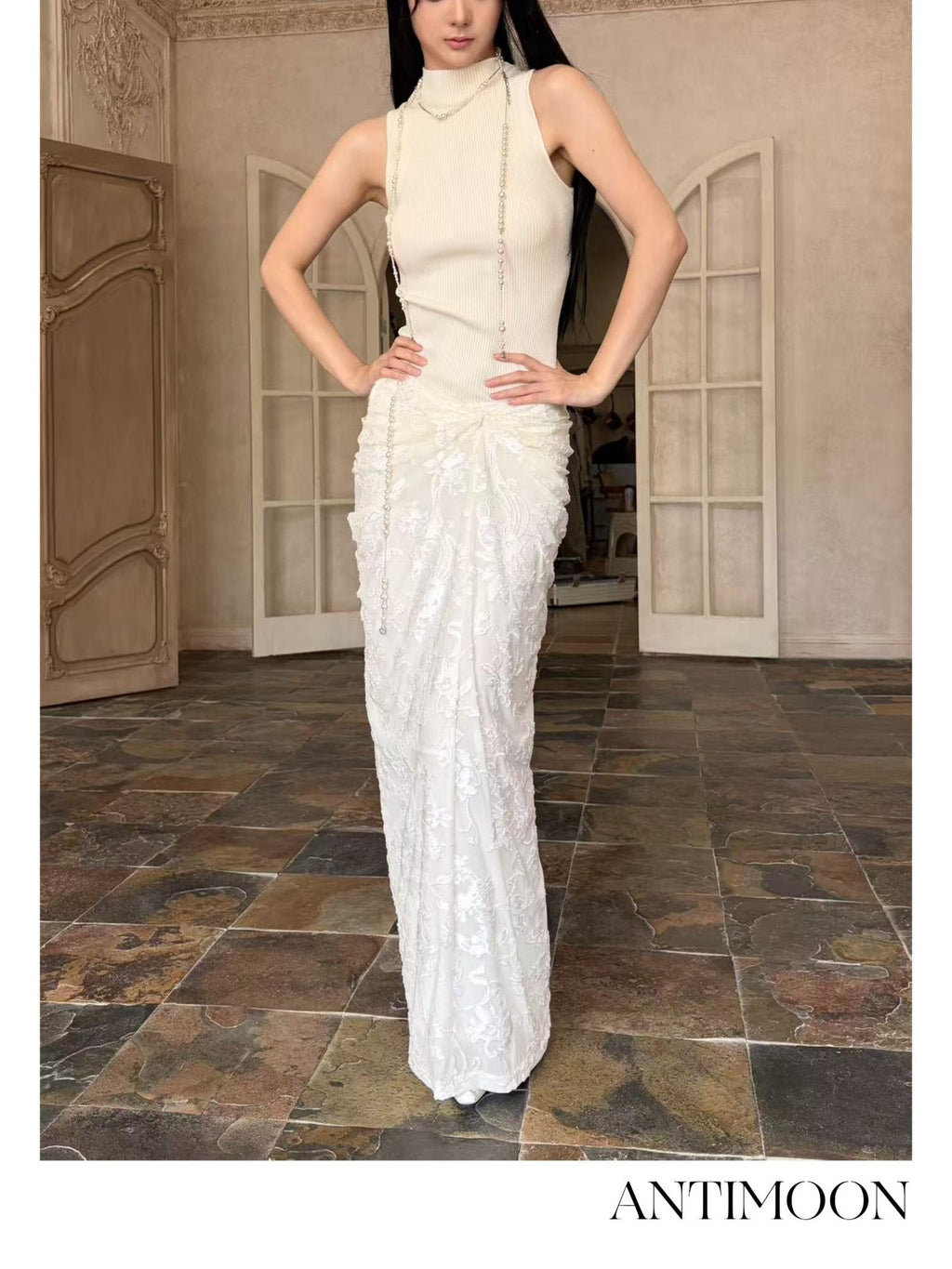 ANTIMOON Pure White Burnout Draped Gathered Pleats Women's Polyester Maxi Skirts