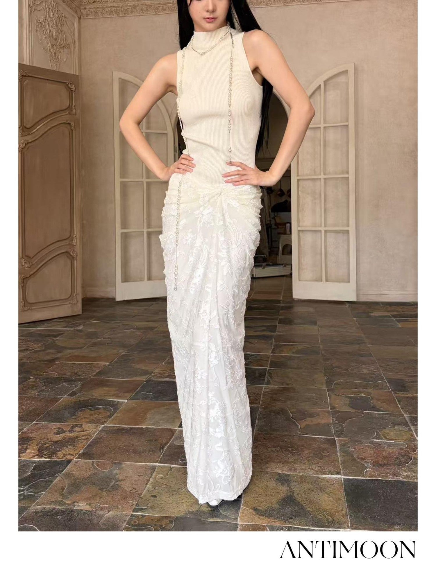 ANTIMOON Pure White Burnout Draped Gathered Pleats Women's Polyester Maxi Skirts