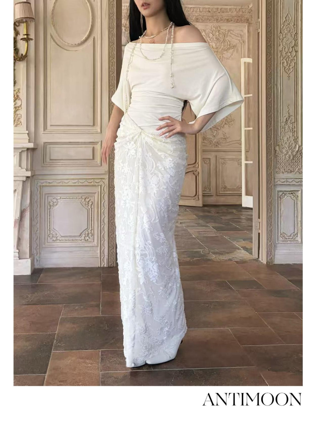ANTIMOON Pure White Burnout Draped Gathered Pleats Women's Polyester Maxi Skirts