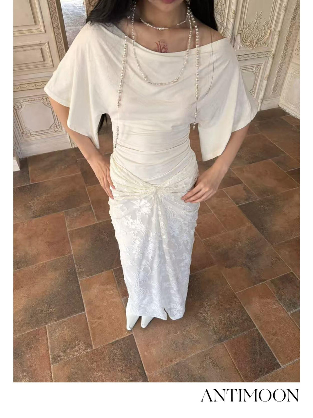 ANTIMOON Pure White Burnout Draped Gathered Pleats Women's Polyester Maxi Skirts