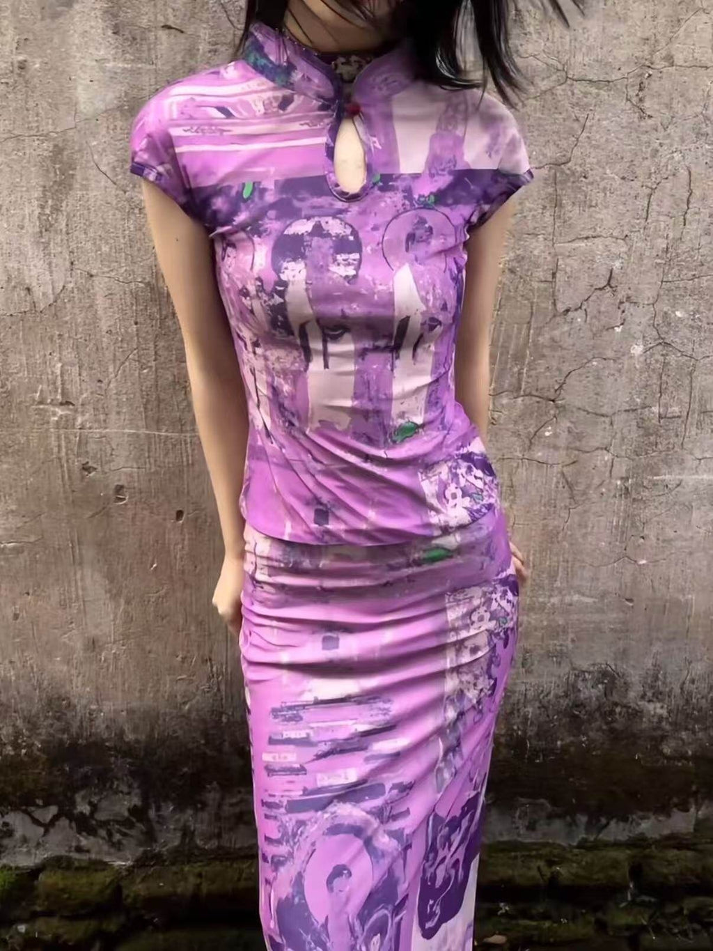 ANTIMOON_Purple_Dunhuang_Buddha_Print_New_Chinese_Women's_Mesh_Cheongsam_Dresses_895965630122_MISSTT