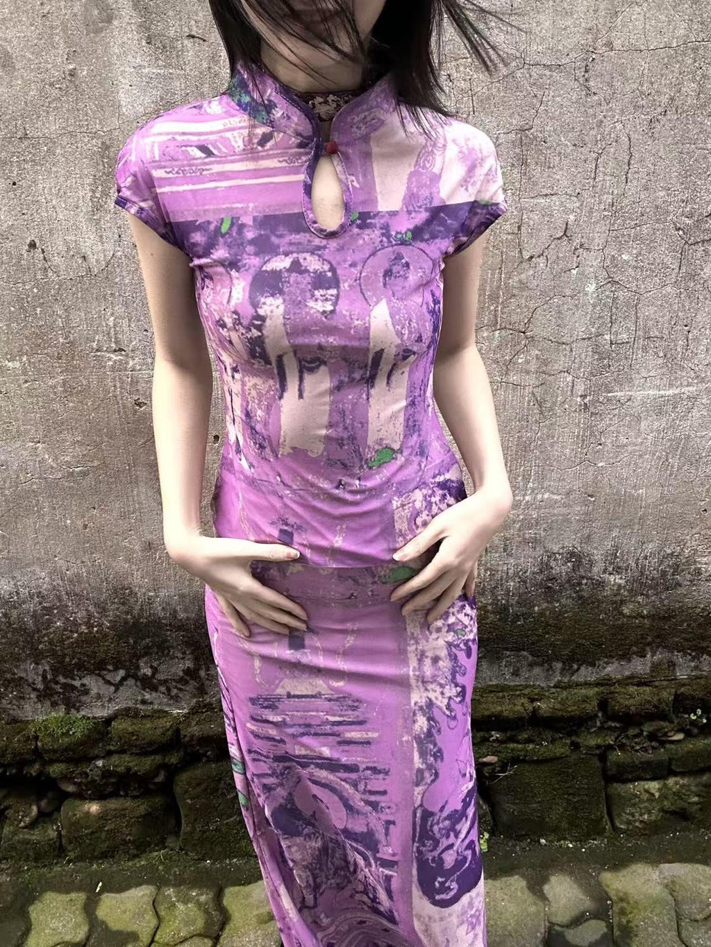 ANTIMOON Purple Dunhuang Buddha Print New Chinese Women's Mesh Cheongsam Dresses