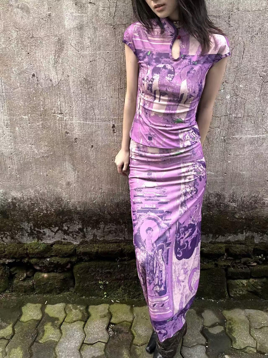 ANTIMOON Purple Dunhuang Buddha Print New Chinese Women's Mesh Cheongsam Dresses