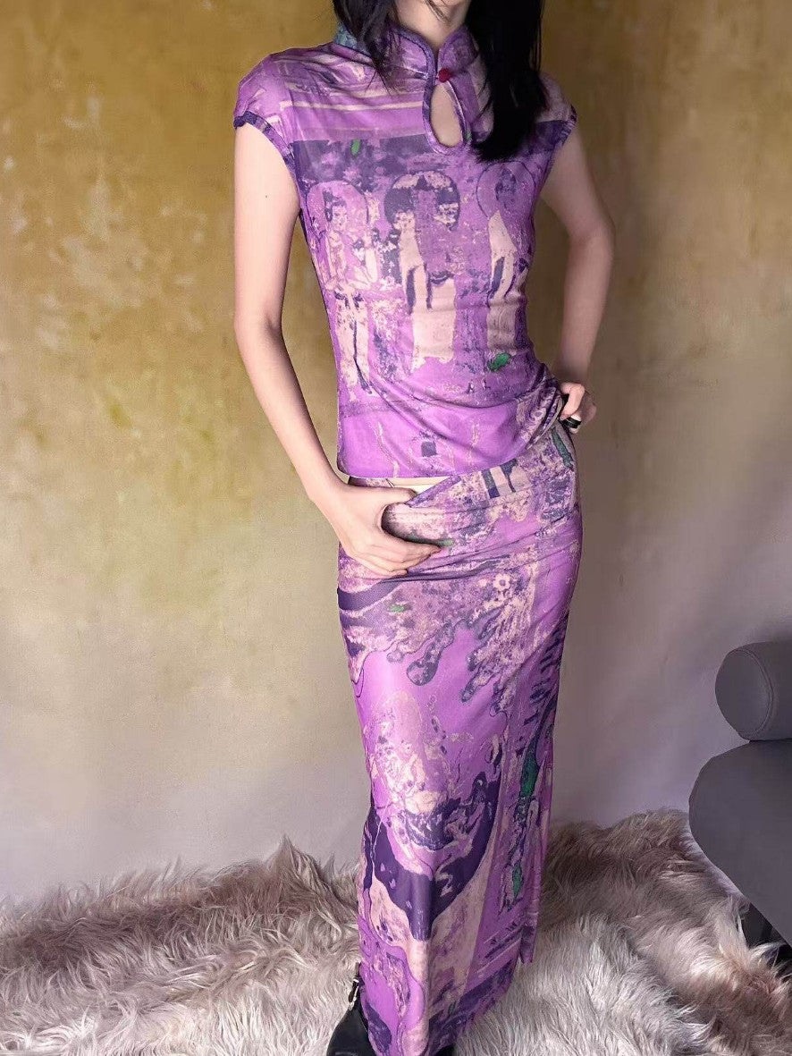 ANTIMOON Purple Dunhuang Buddha Print New Chinese Women's Mesh Cheongsam Dresses