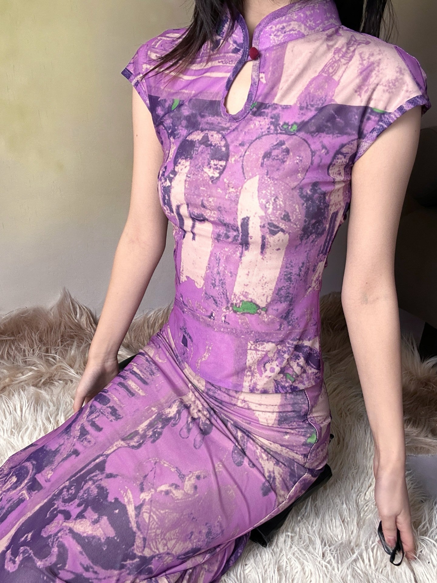ANTIMOON Purple Dunhuang Buddha Print New Chinese Women's Mesh Cheongsam Dresses