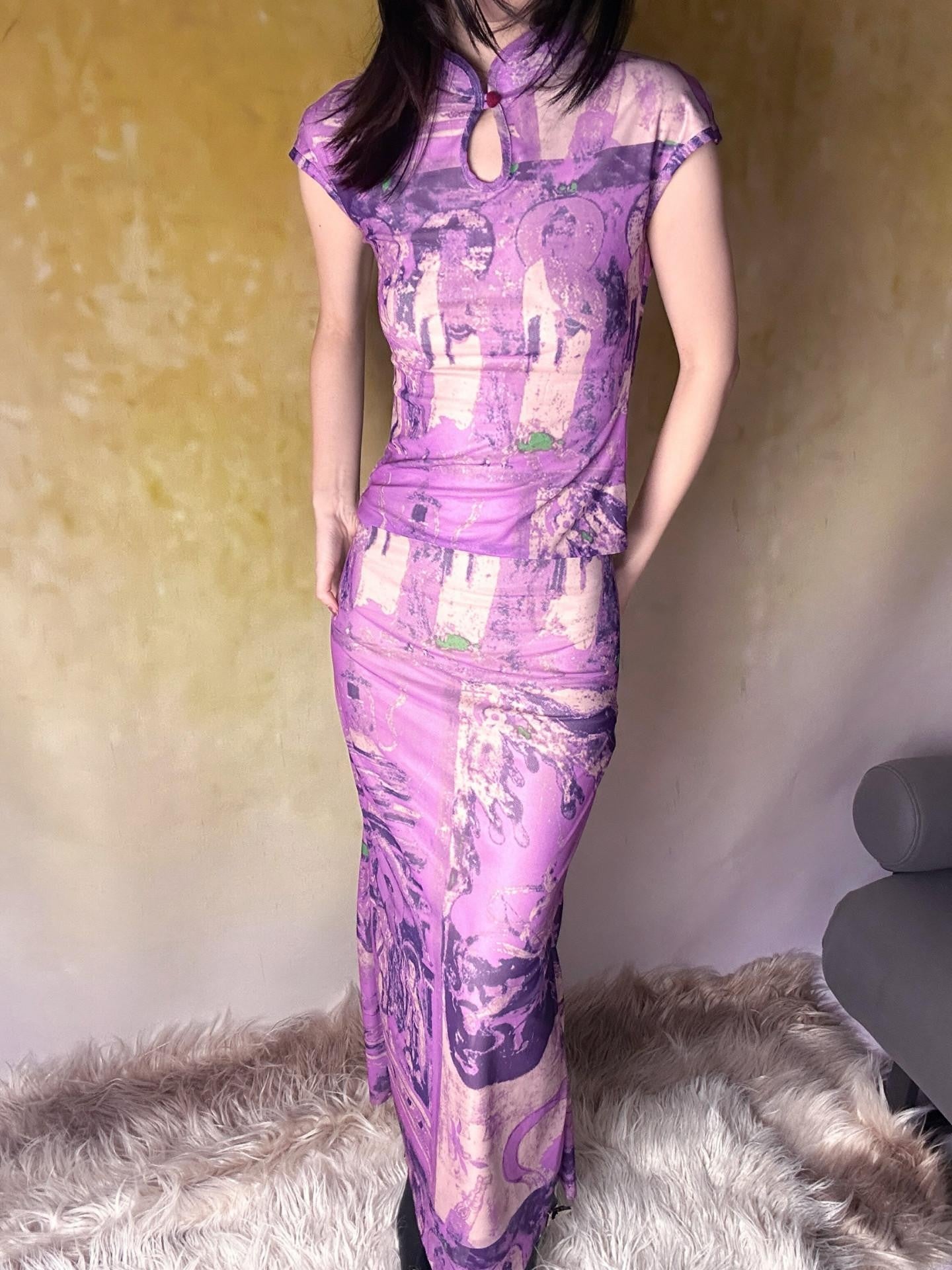 ANTIMOON Purple Dunhuang Buddha Print New Chinese Women's Mesh Cheongsam Dresses