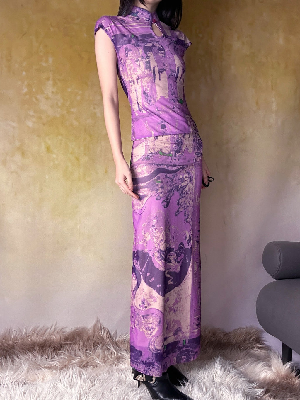 ANTIMOON Purple Dunhuang Buddha Print New Chinese Women's Mesh Cheongsam Dresses