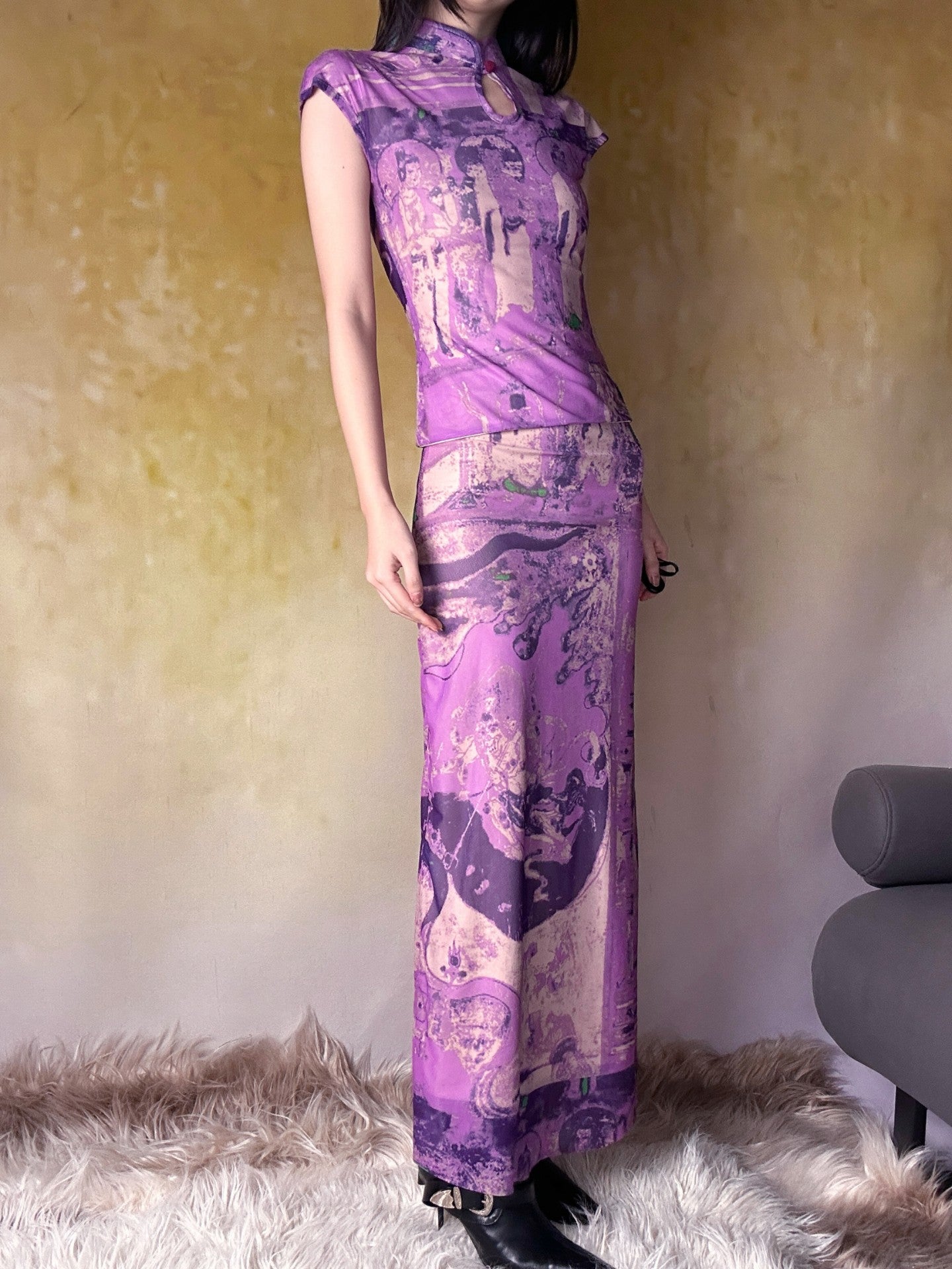 ANTIMOON Purple Dunhuang Buddha Print New Chinese Women's Mesh Cheongsam Dresses