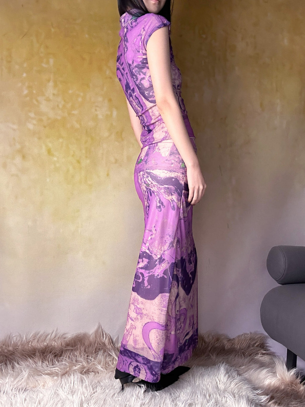 ANTIMOON Purple Dunhuang Buddha Print New Chinese Women's Mesh Cheongsam Dresses