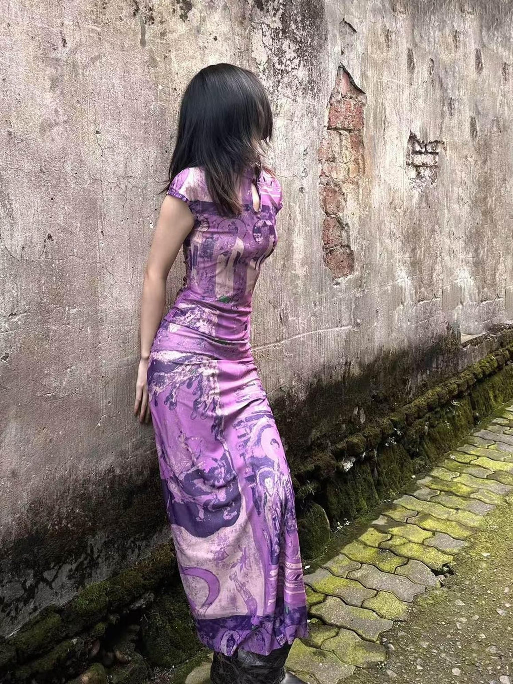 ANTIMOON Purple Dunhuang Buddha Print New Chinese Women's Mesh Cheongsam Dresses