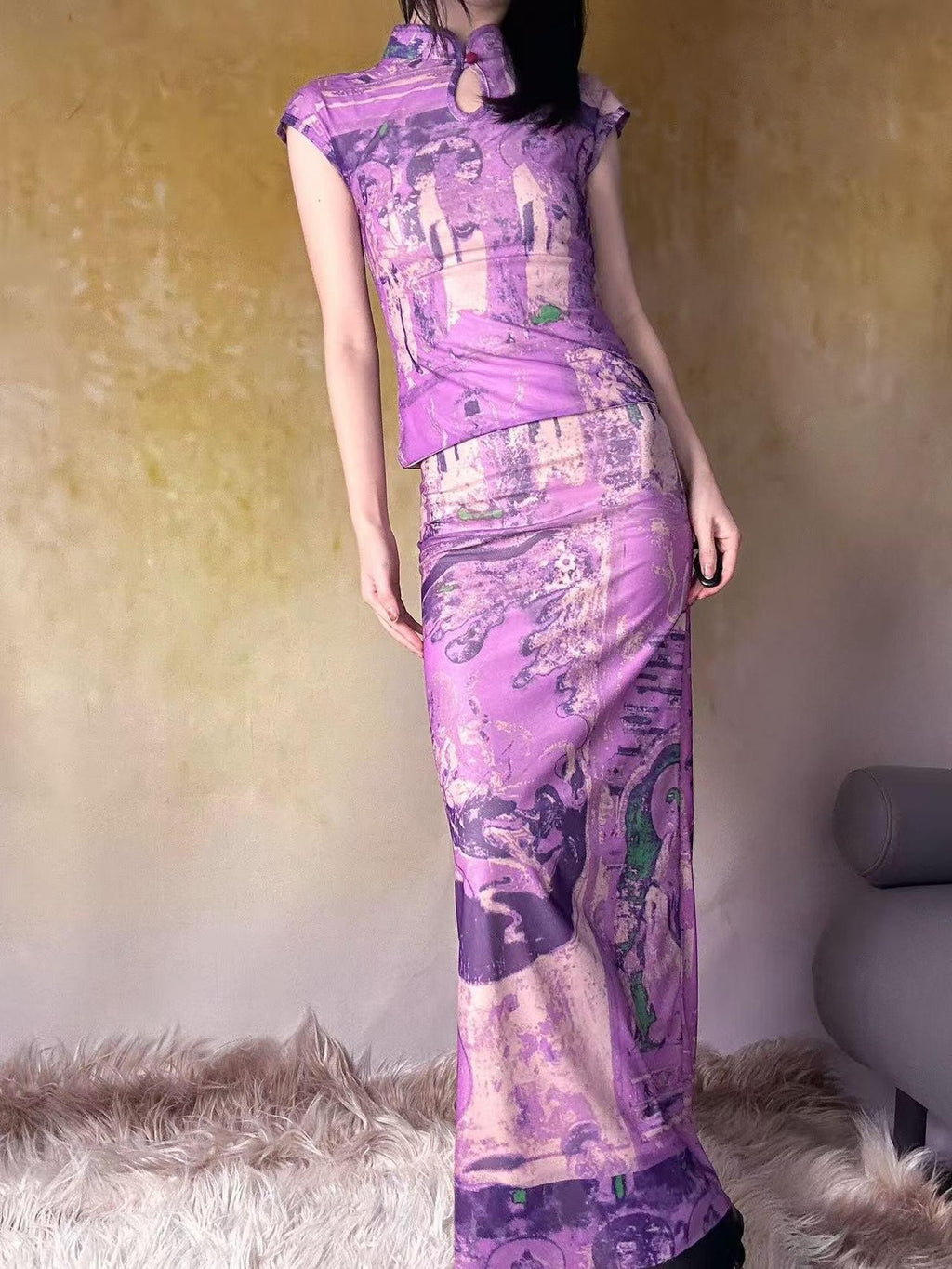ANTIMOON Purple Dunhuang Buddha Print New Chinese Women's Mesh Cheongsam Dresses