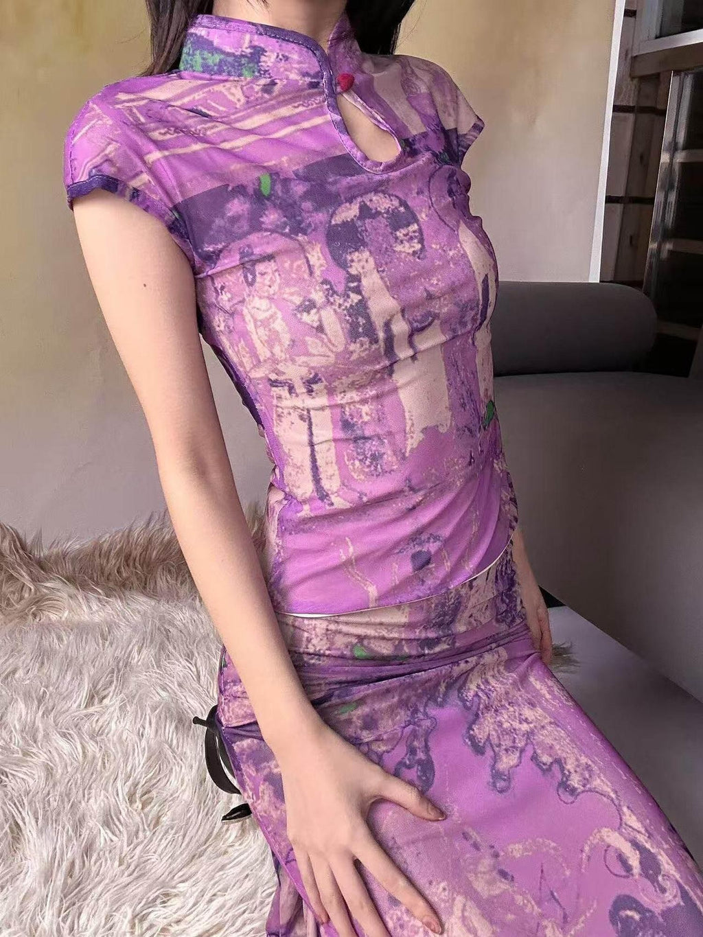ANTIMOON Purple Dunhuang Buddha Print New Chinese Women's Mesh Cheongsam Dresses