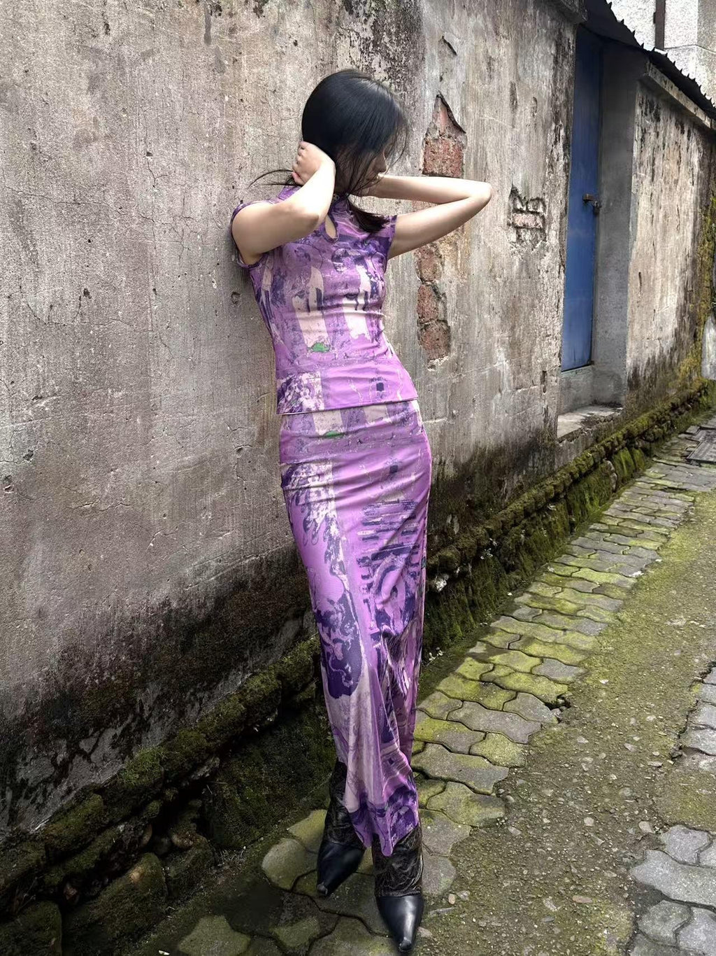 ANTIMOON Purple Dunhuang Buddha Print New Chinese Women's Mesh Cheongsam Dresses