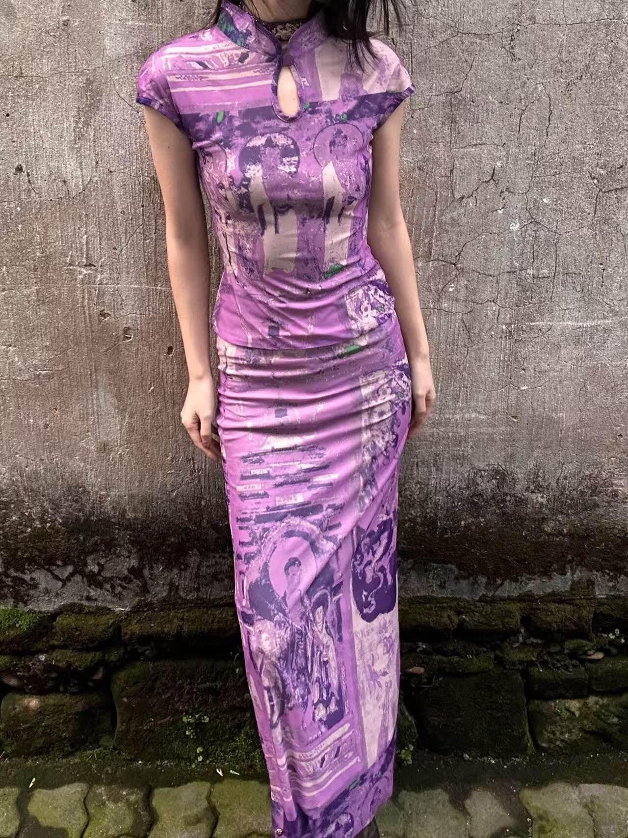 ANTIMOON Purple Dunhuang Buddha Print New Chinese Women's Mesh Cheongsam Dresses