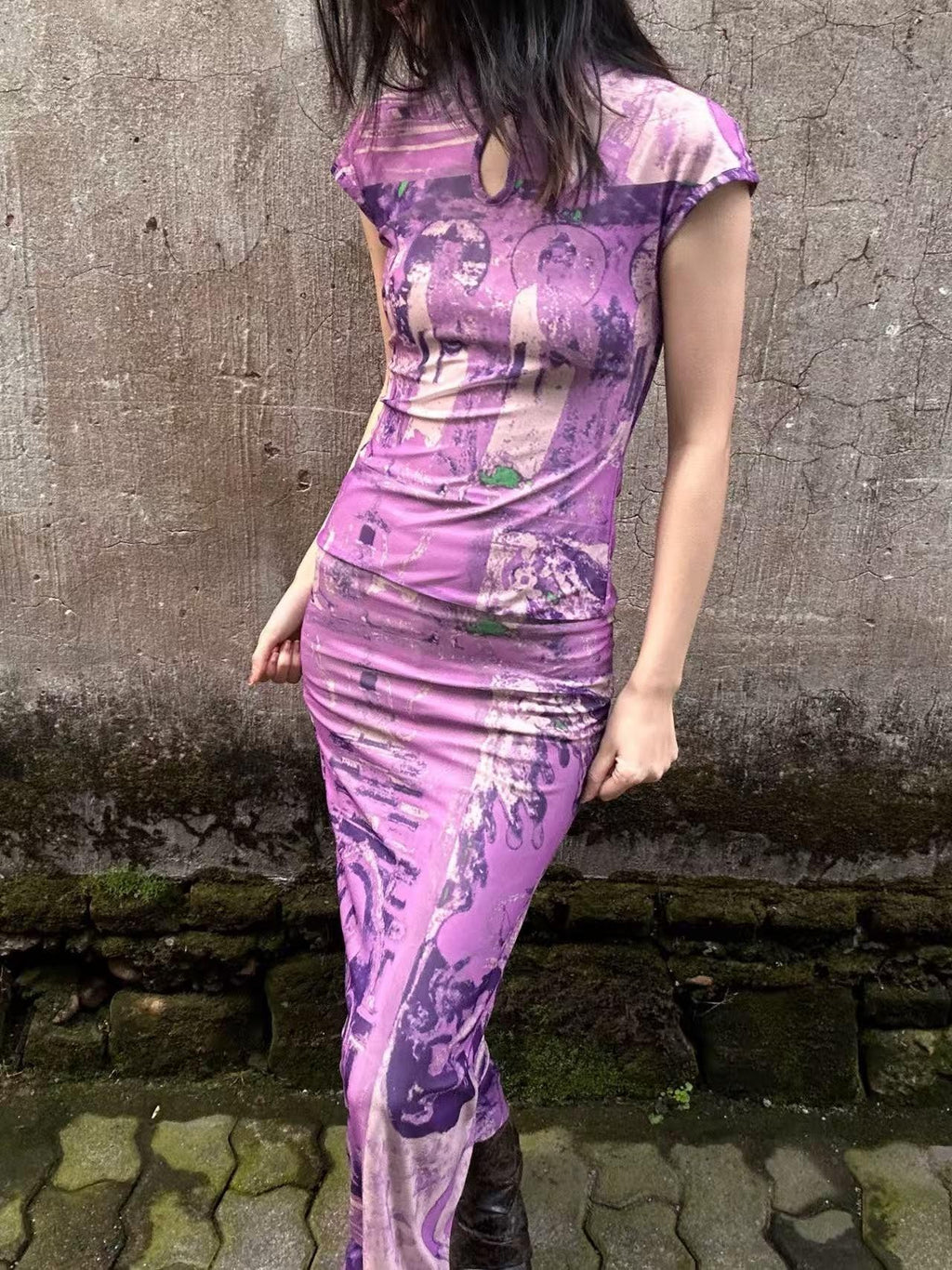 ANTIMOON Purple Dunhuang Buddha Print New Chinese Women's Mesh Cheongsam Dresses