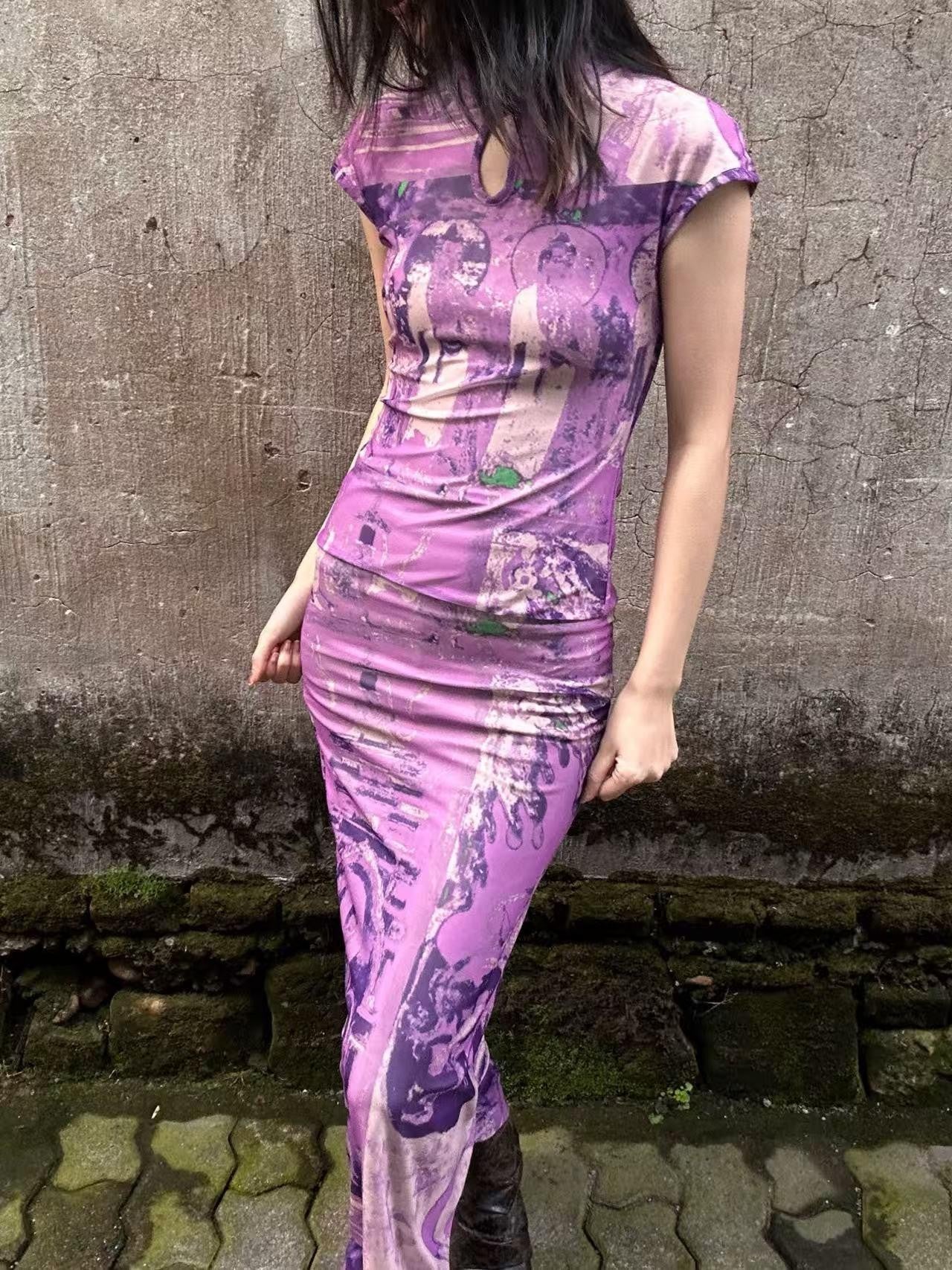ANTIMOON Purple Dunhuang Buddha Print New Chinese Women's Mesh Cheongsam Dresses