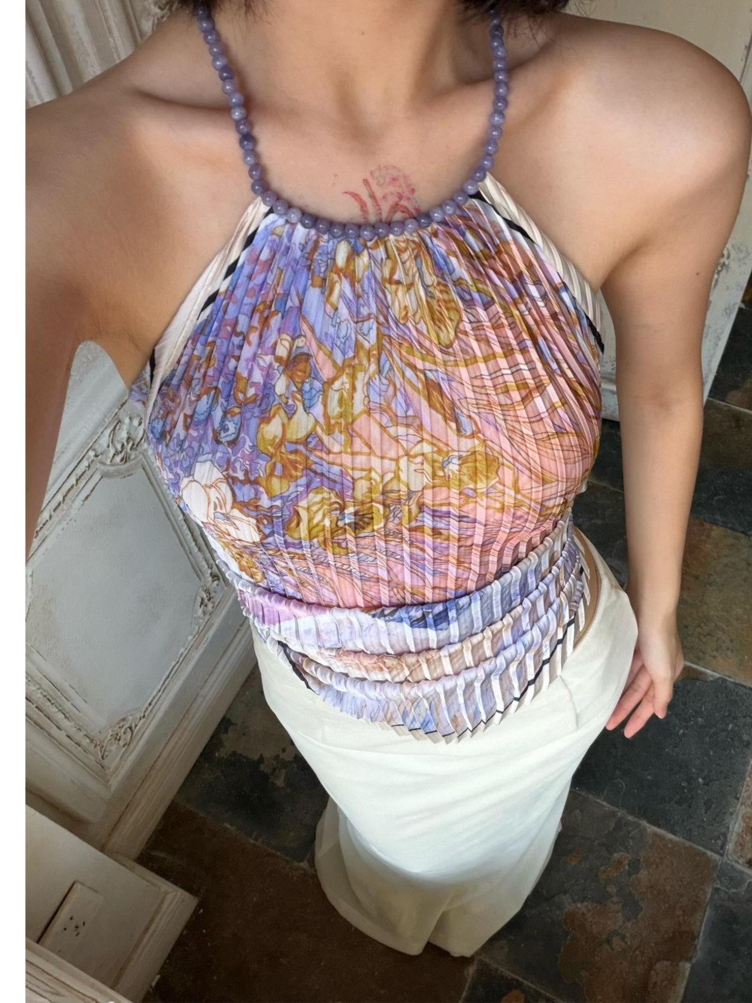ANTIMOON Purple Gold Dopamine Pleated Scarf Style Women's Polyester Halter Tops