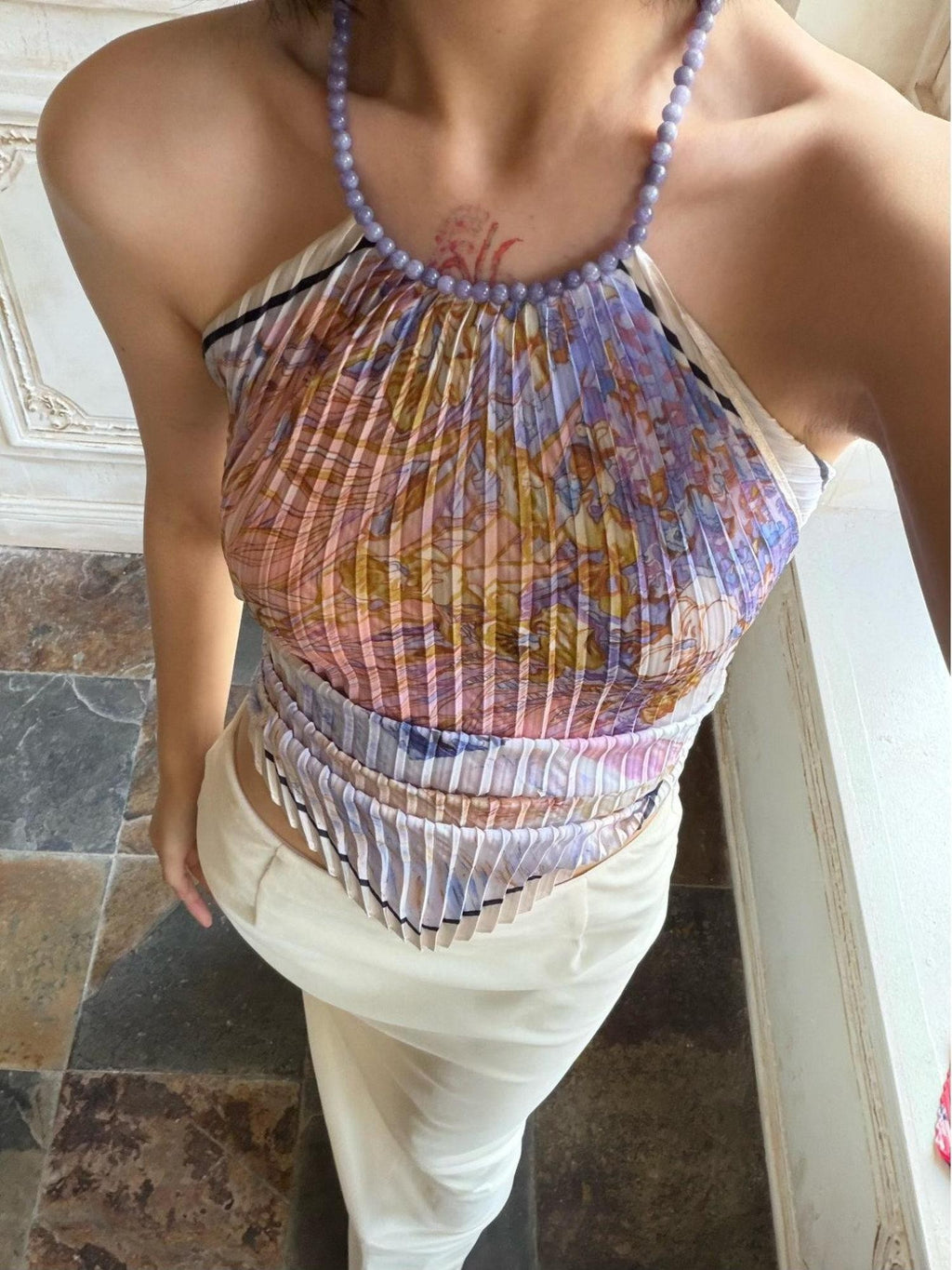 ANTIMOON Purple Gold Dopamine Pleated Scarf Style Women's Polyester Halter Tops