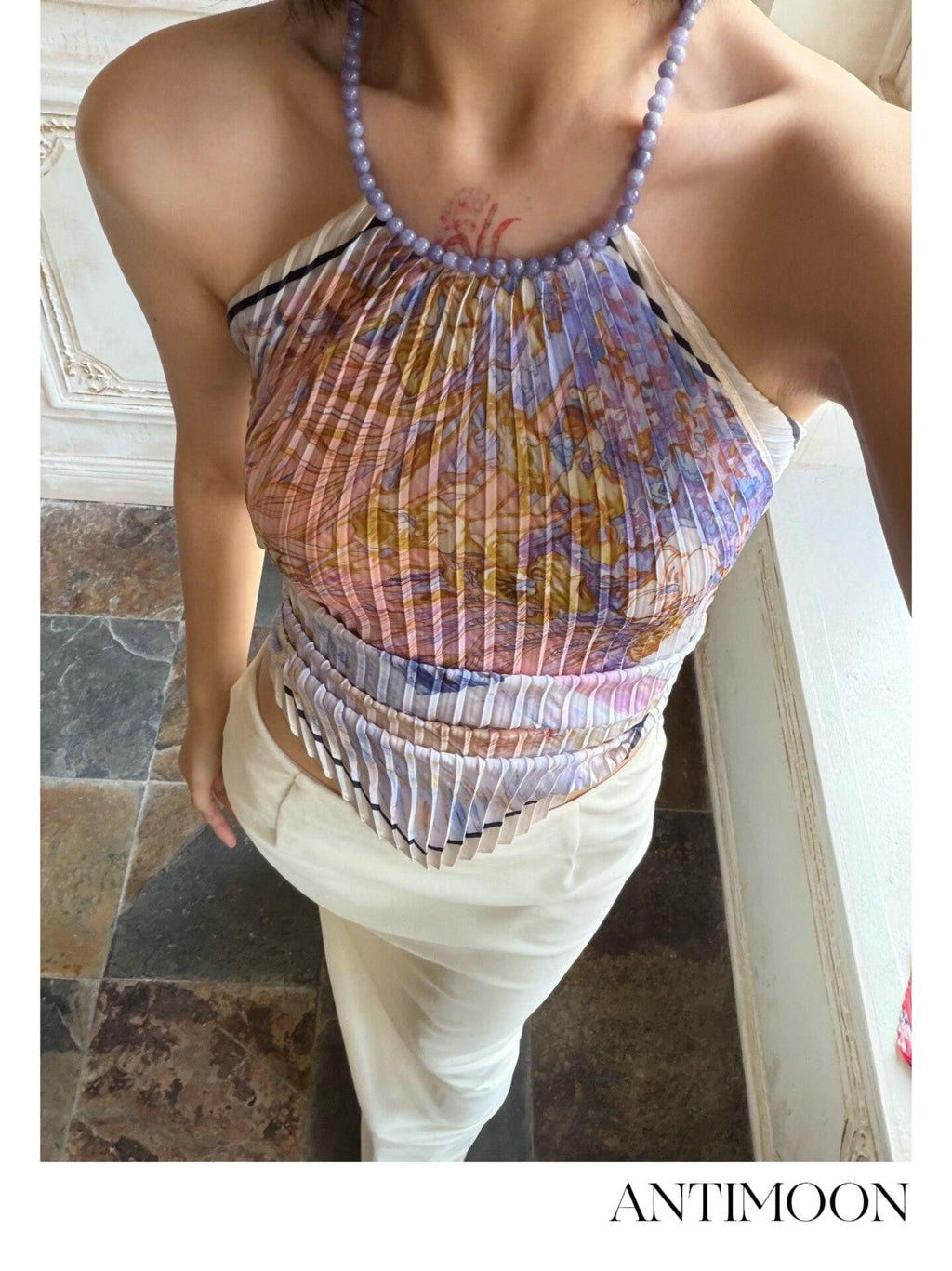ANTIMOON Purple Gold Dopamine Pleated Scarf Style Women's Polyester Halter Tops