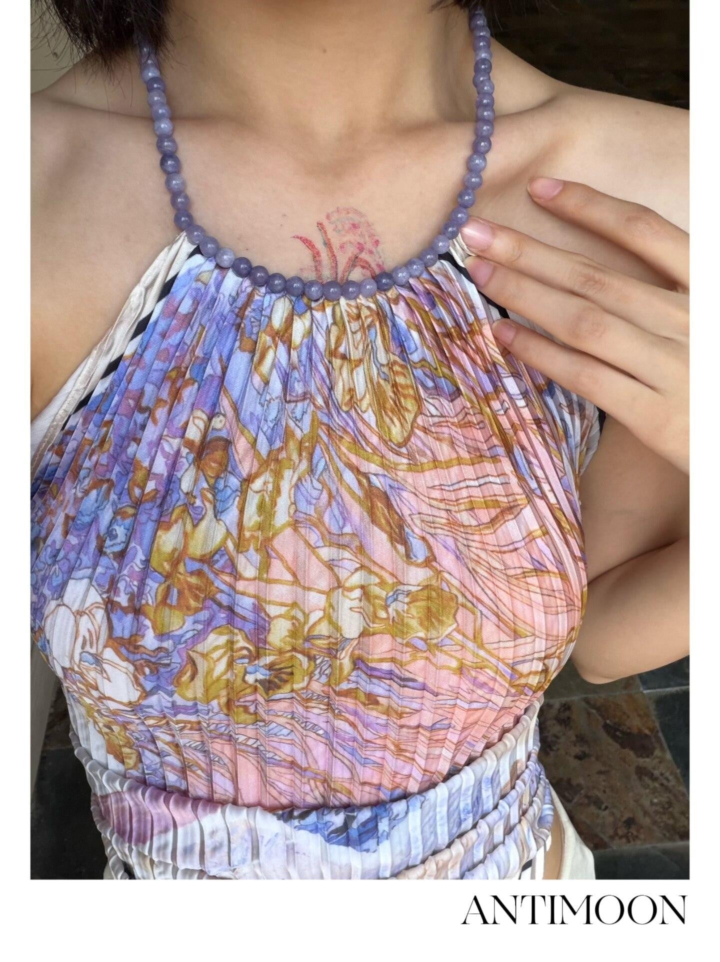 ANTIMOON Purple Gold Dopamine Pleated Scarf Style Women's Polyester Halter Tops