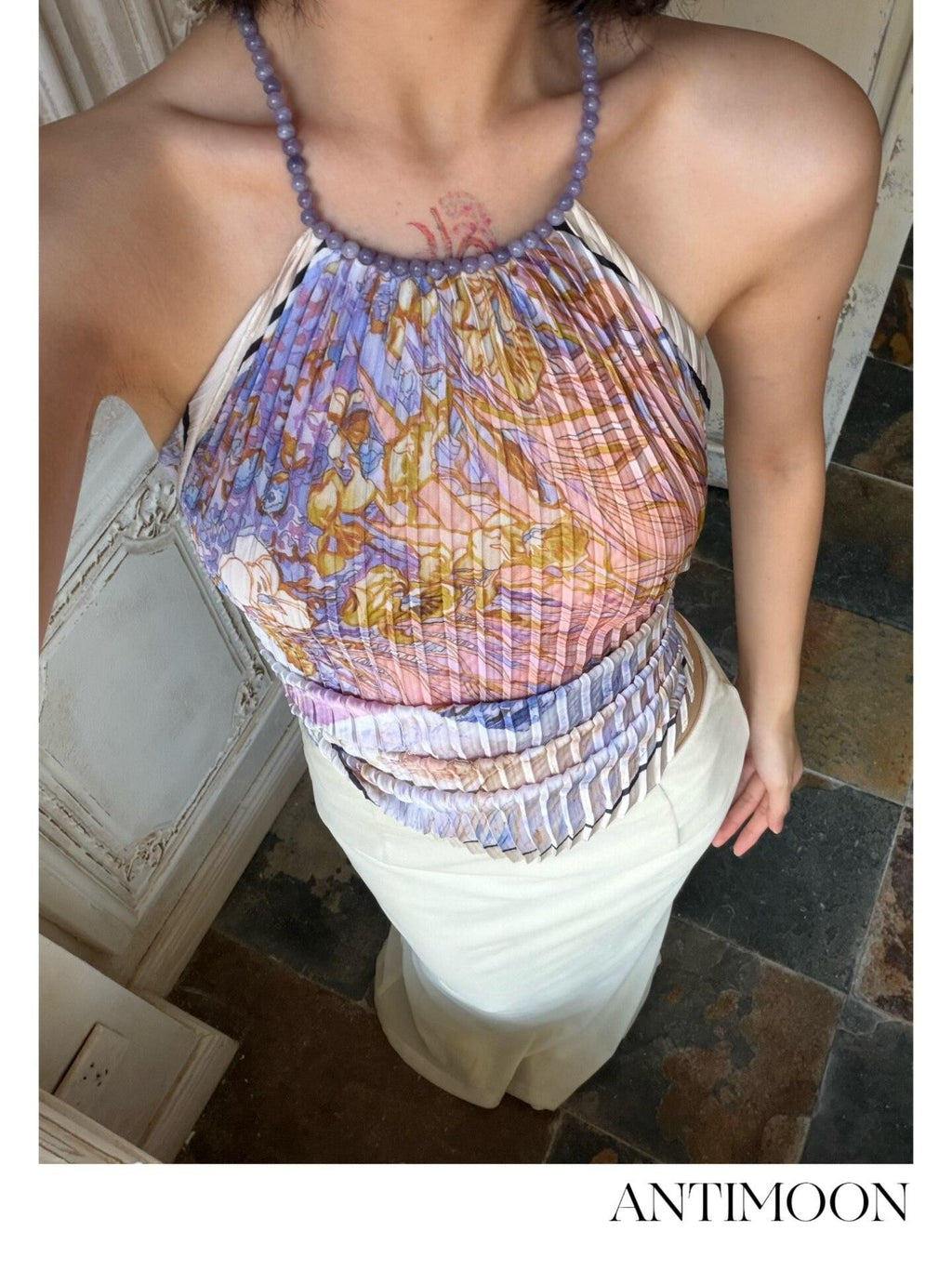 ANTIMOON Purple Gold Dopamine Pleated Scarf Style Women's Polyester Halter Tops