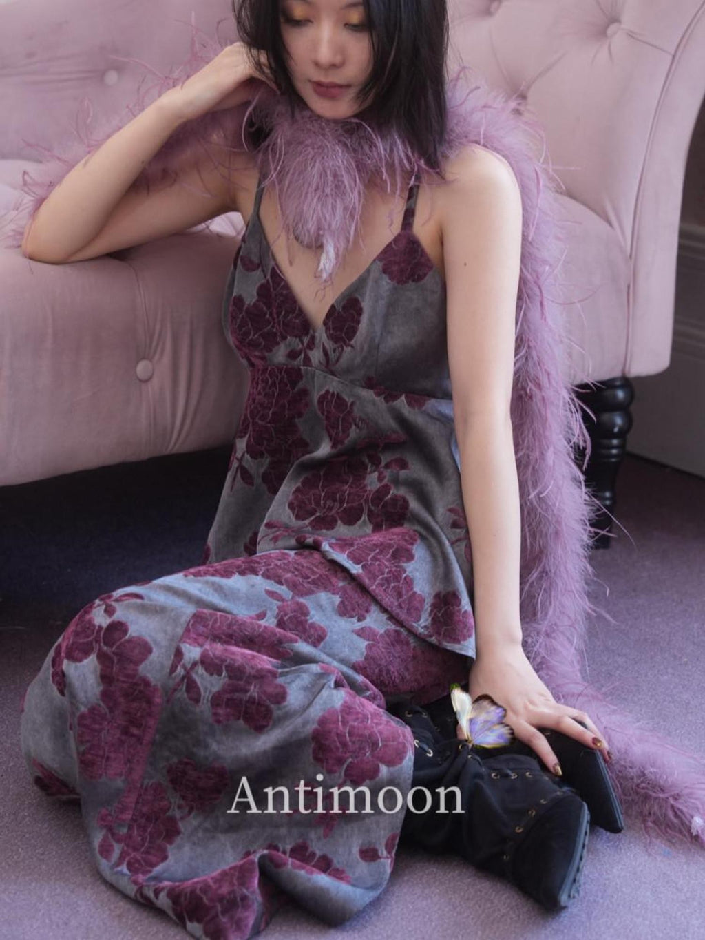 ANTIMOON Purple Jacquard New Chinese V-neck Women's Viscose Blend Slip Maxi Dresses