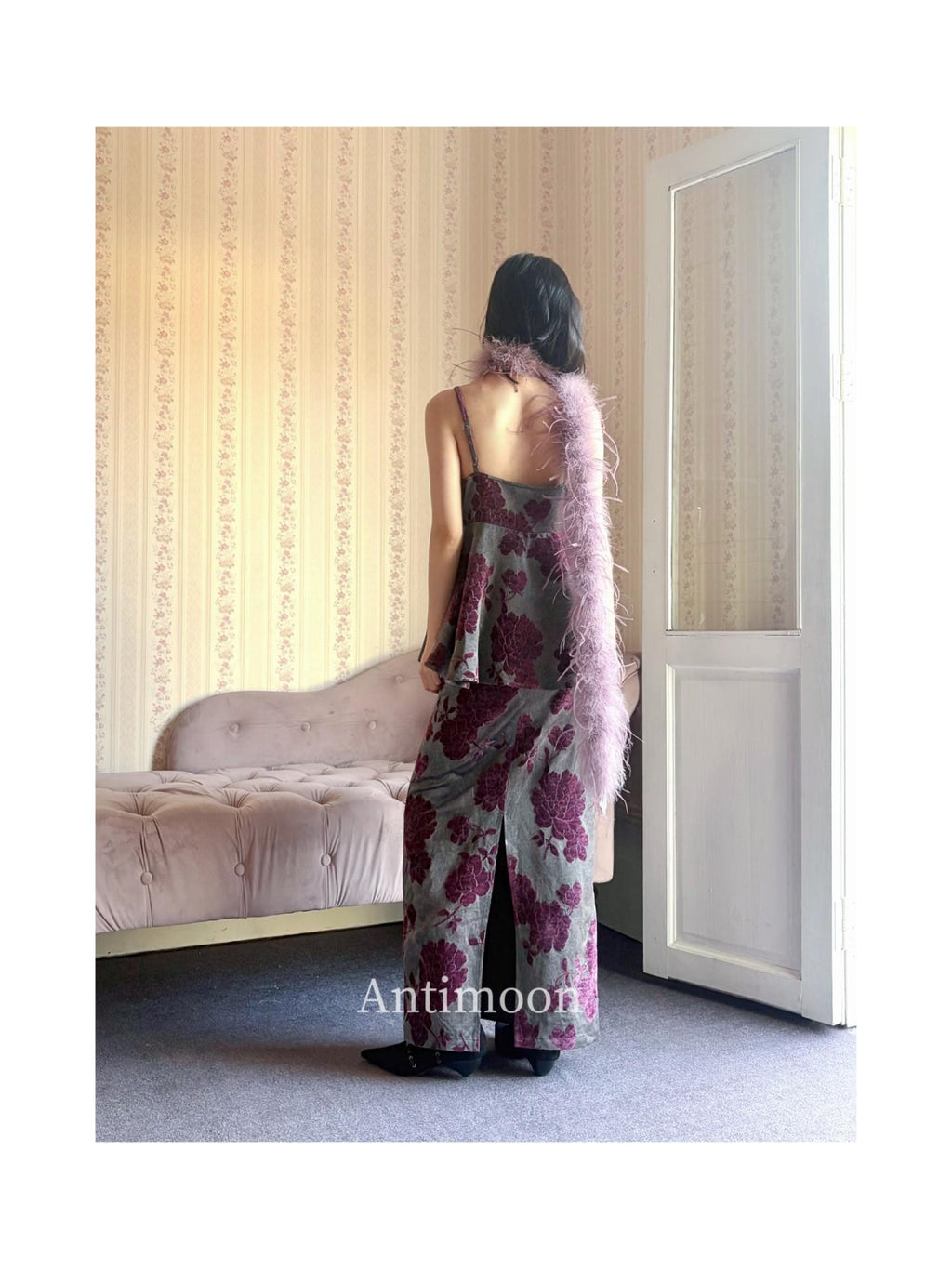 ANTIMOON Purple Jacquard New Chinese V-neck Women's Viscose Blend Slip Maxi Dresses