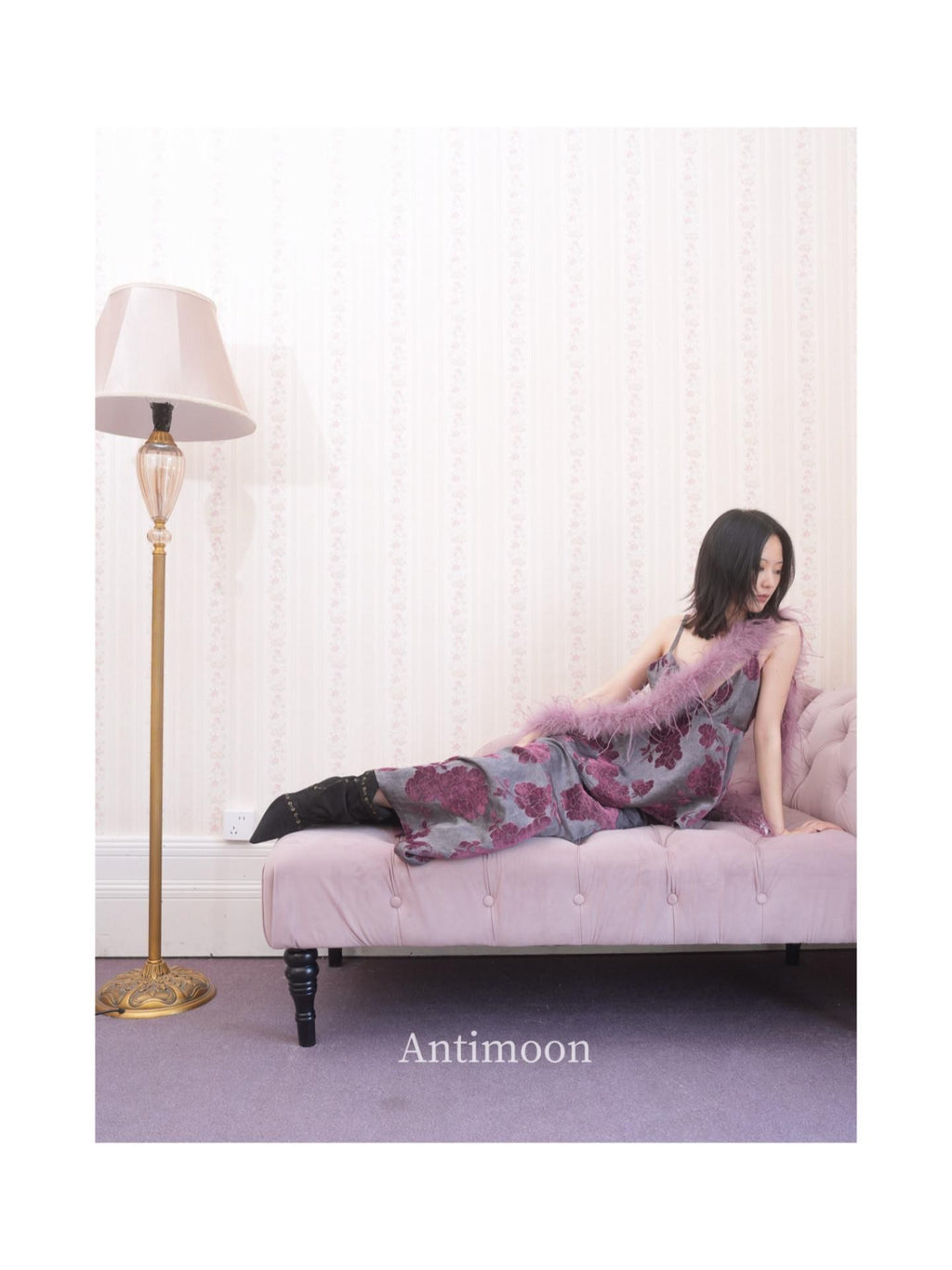 ANTIMOON Purple Jacquard New Chinese V-neck Women's Viscose Blend Slip Maxi Dresses