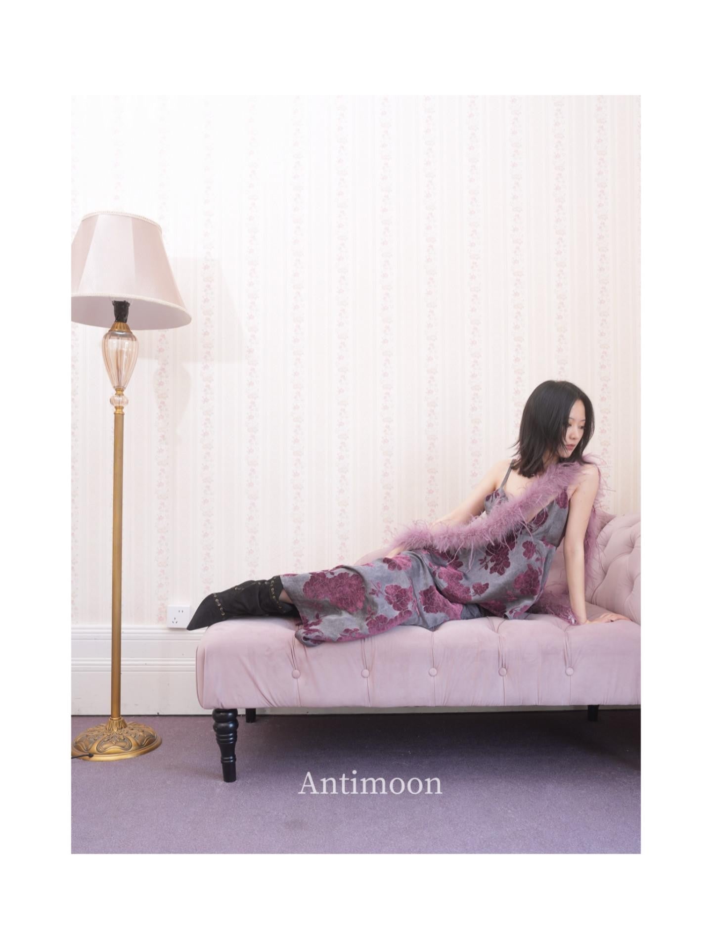 ANTIMOON Purple Jacquard New Chinese V-neck Women's Viscose Blend Slip Maxi Dresses