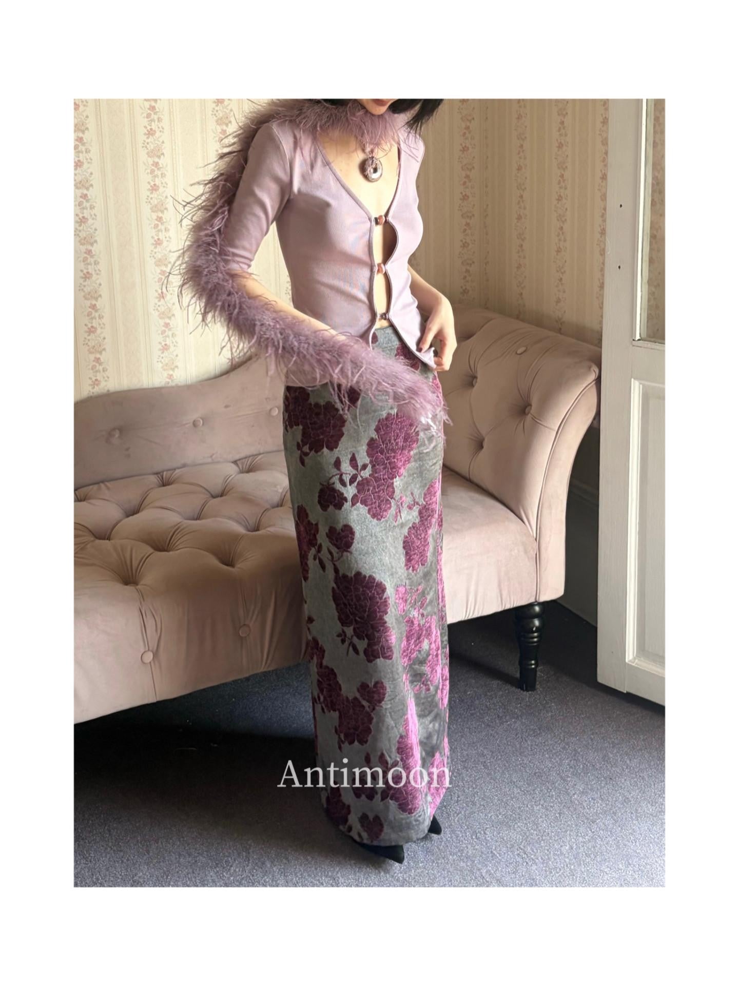 ANTIMOON Purple Jacquard New Chinese V-neck Women's Viscose Blend Slip Maxi Dresses