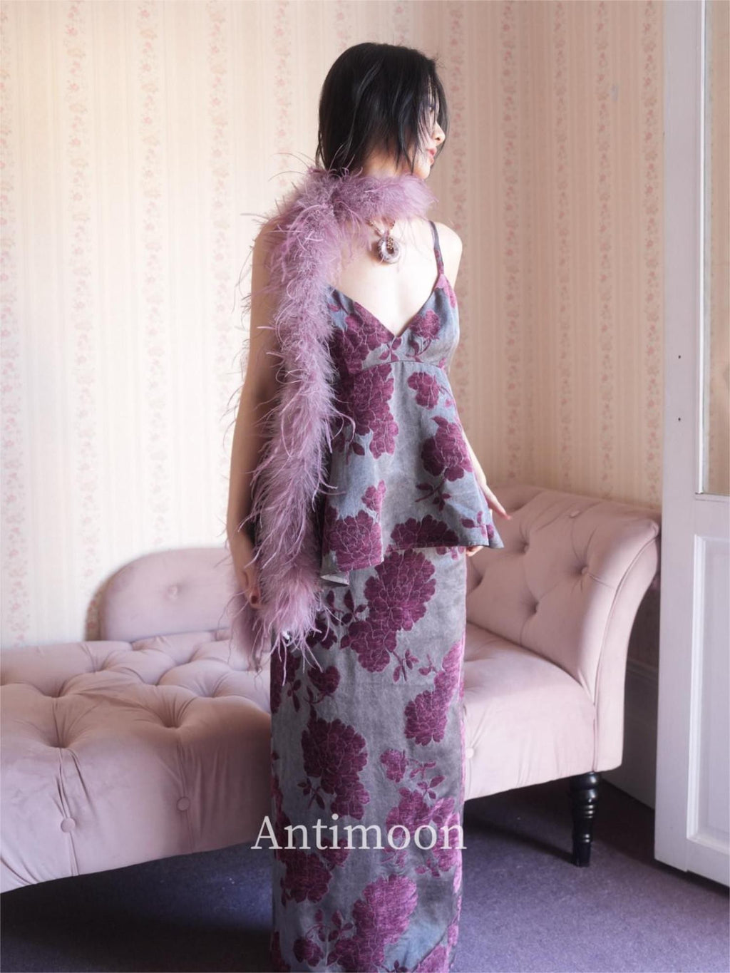 ANTIMOON Purple Jacquard New Chinese V-neck Women's Viscose Blend Slip Maxi Dresses