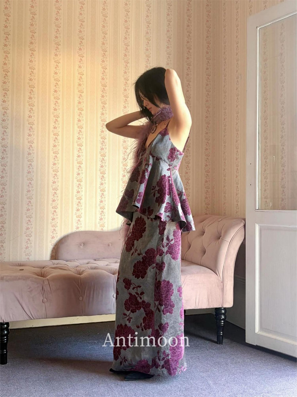 ANTIMOON Purple Jacquard New Chinese V-neck Women's Viscose Blend Slip Maxi Dresses