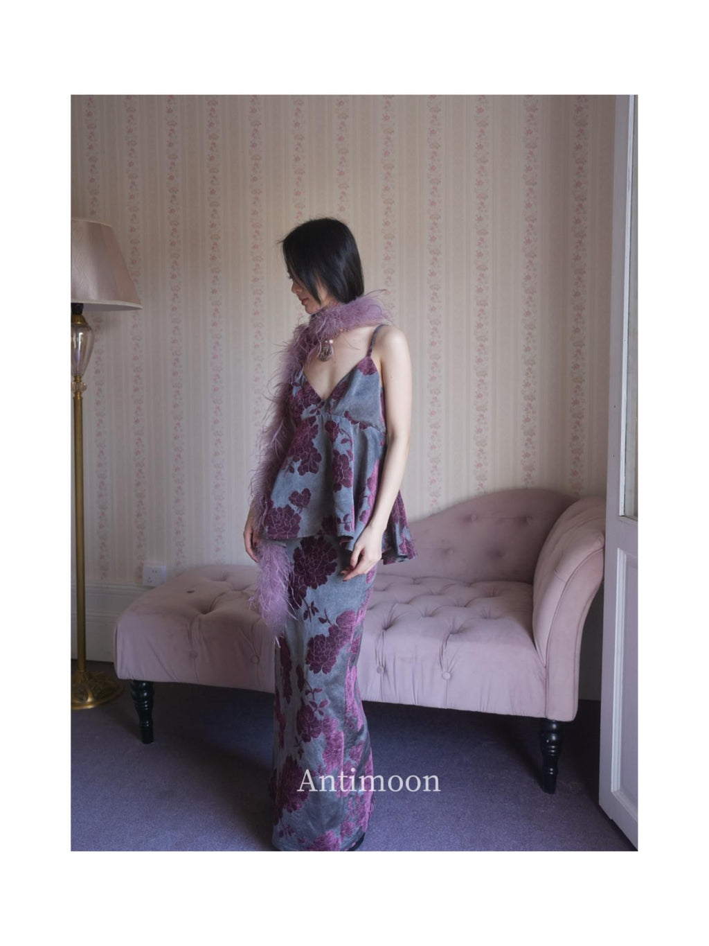 ANTIMOON Purple Jacquard New Chinese V-neck Women's Viscose Blend Slip Maxi Dresses