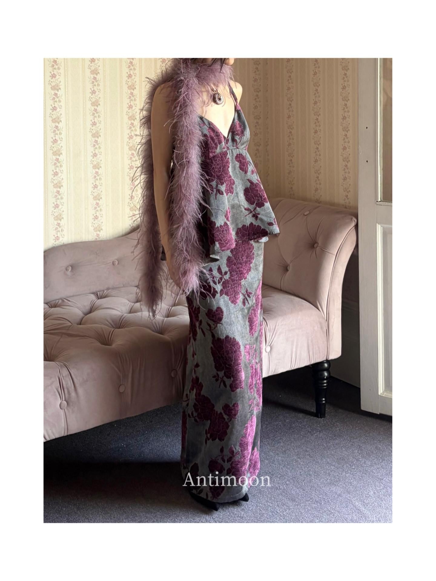 ANTIMOON Purple Jacquard New Chinese V-neck Women's Viscose Blend Slip Maxi Dresses