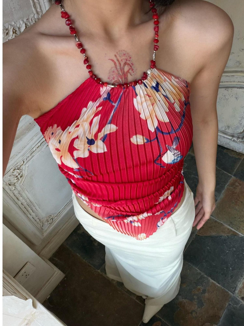 ANTIMOON Red Quail Print Artistic Pleated Polka Dot Women's Polyester Halter Tops