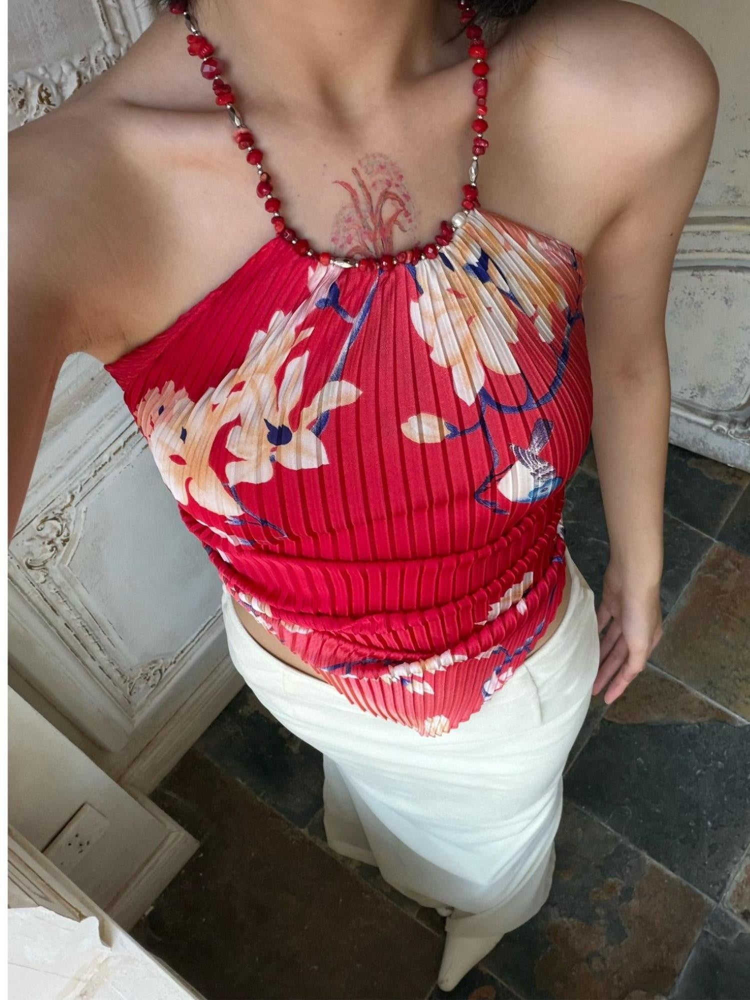 ANTIMOON Red Quail Print Artistic Pleated Polka Dot Women's Polyester Halter Tops